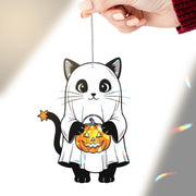 Halloween Cat Suncatcher, Ghost Cat Window Decor, Cute Black Cat Ornament, Pumpkin Trick or Treat Kitty, Spooky Fall Decoration, Halloween