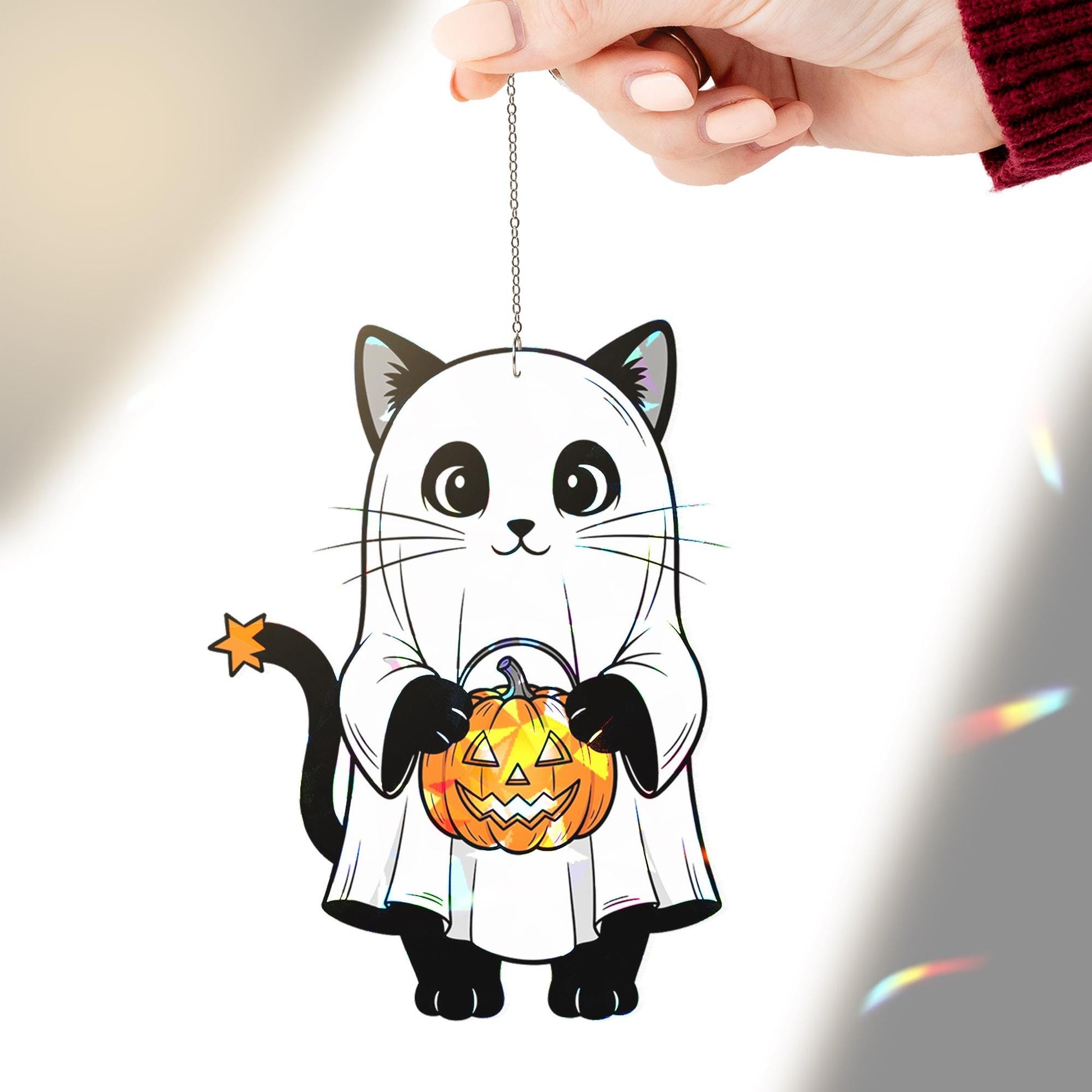 Halloween Cat Suncatcher, Ghost Cat Window Decor, Cute Black Cat Ornament, Pumpkin Trick or Treat Kitty, Spooky Fall Decoration, Halloween