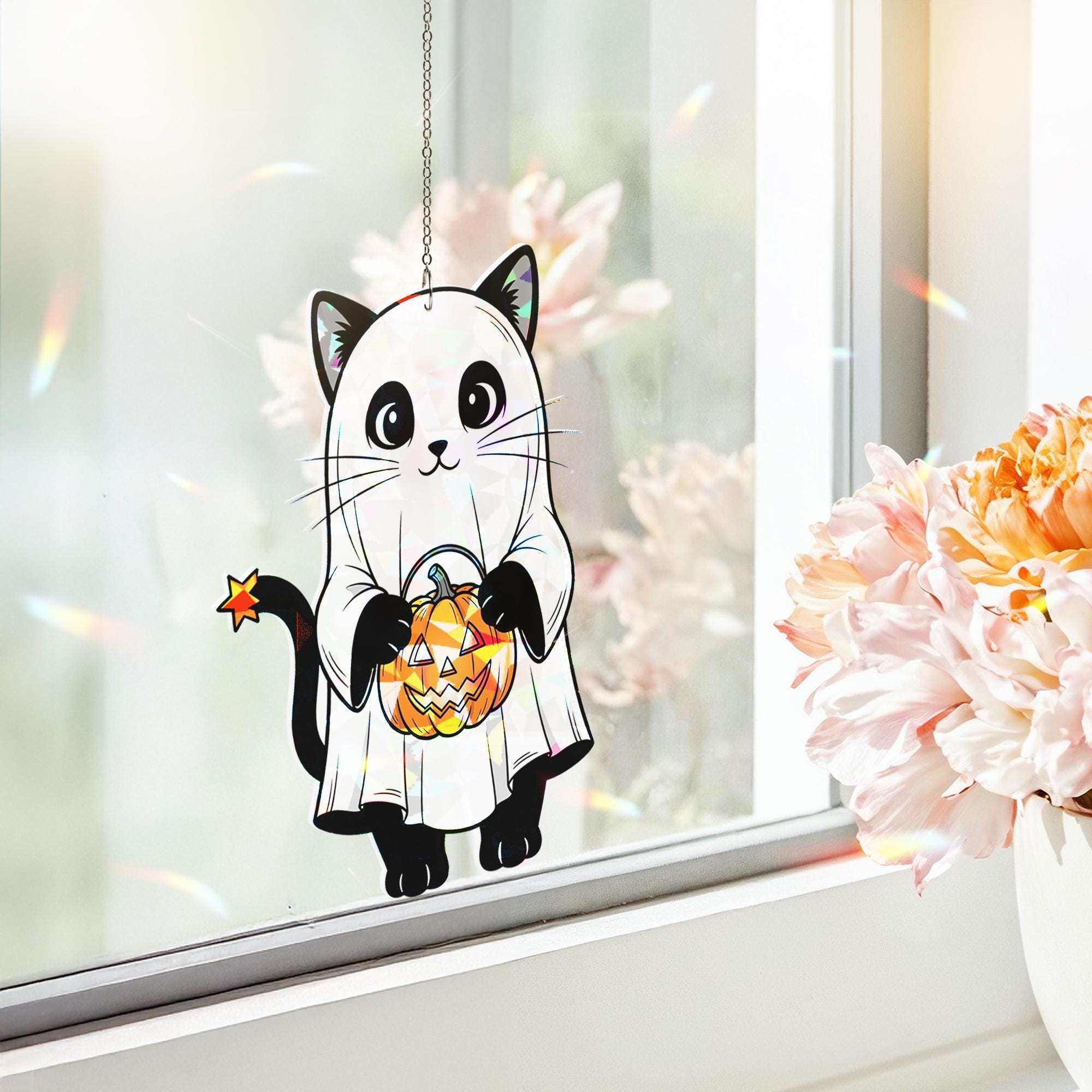 Halloween Cat Suncatcher, Ghost Cat Window Decor, Cute Black Cat Ornament, Pumpkin Trick or Treat Kitty, Spooky Fall Decoration, Halloween