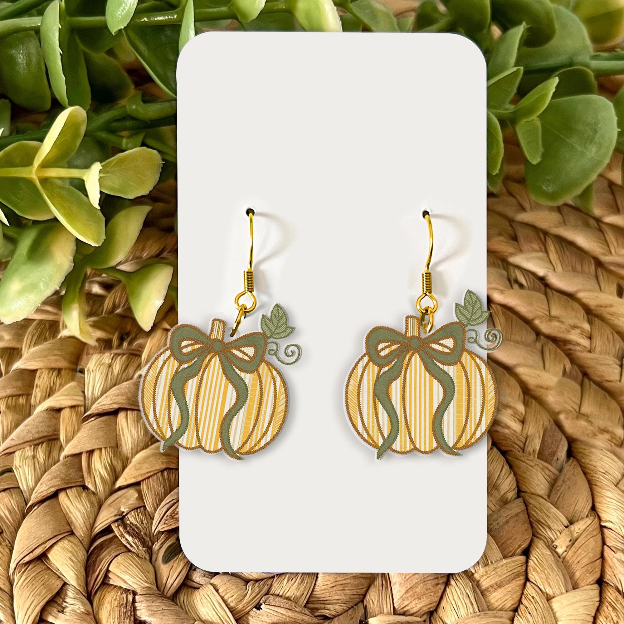 Fall Pumpkin Earrings with Bow - Autumn Stripe Pumpkin Dangle Earrings, Cute Lightweight Fall Jewelry, Thanksgiving Accessory Gift, Novelty