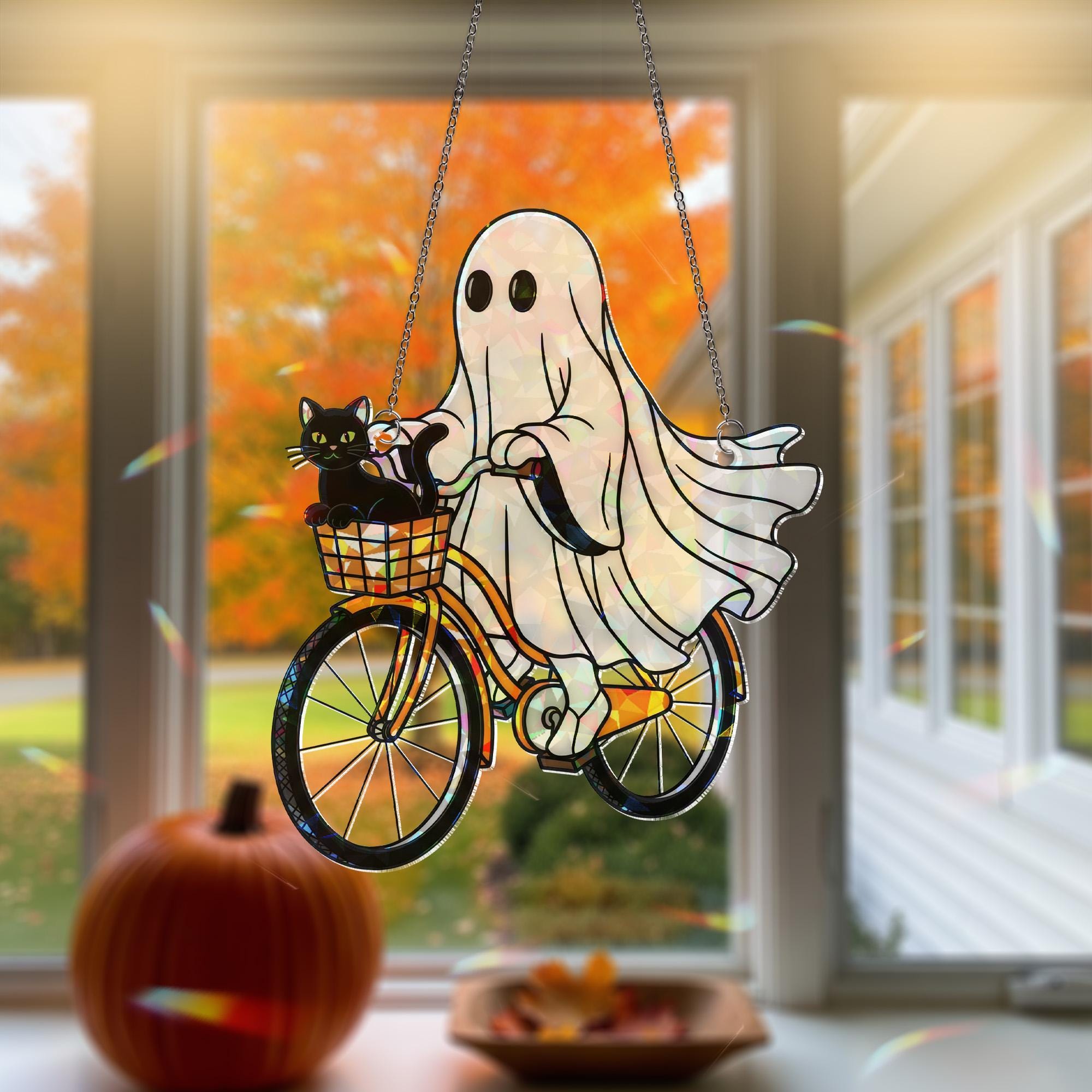 Ghost and Black Cat on Bike Hologram Ornament - Cute Halloween ACRYLIC Window Hanging, Spooky Fall Home Decor, Gothic Black Cat Decor