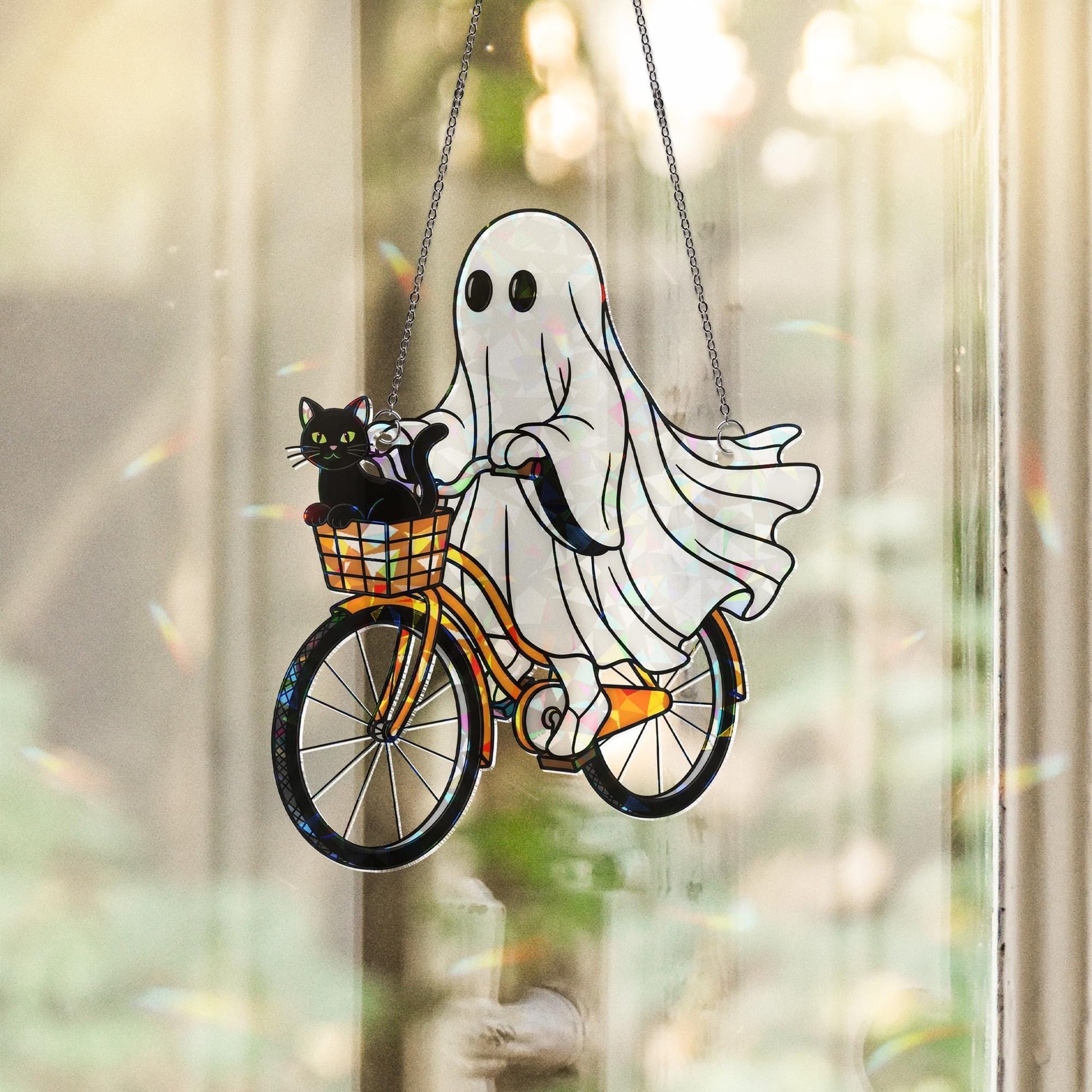 Ghost and Black Cat on Bike Hologram Ornament - Cute Halloween ACRYLIC Window Hanging, Spooky Fall Home Decor, Gothic Black Cat Decor