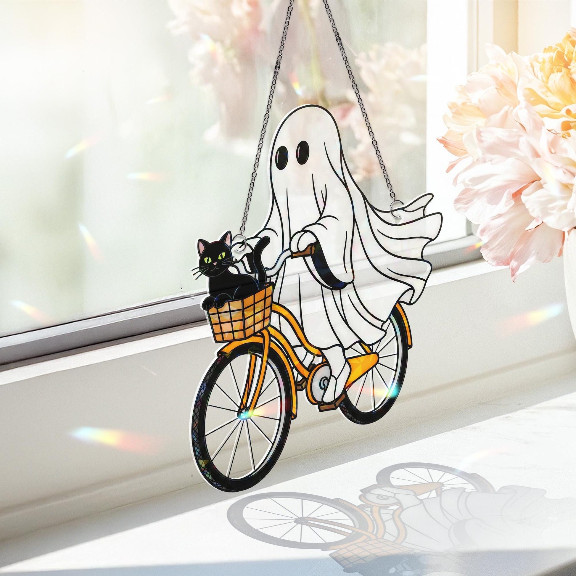 Ghost and Black Cat on Bike Hologram Ornament - Cute Halloween ACRYLIC Window Hanging, Spooky Fall Home Decor, Gothic Black Cat Decor
