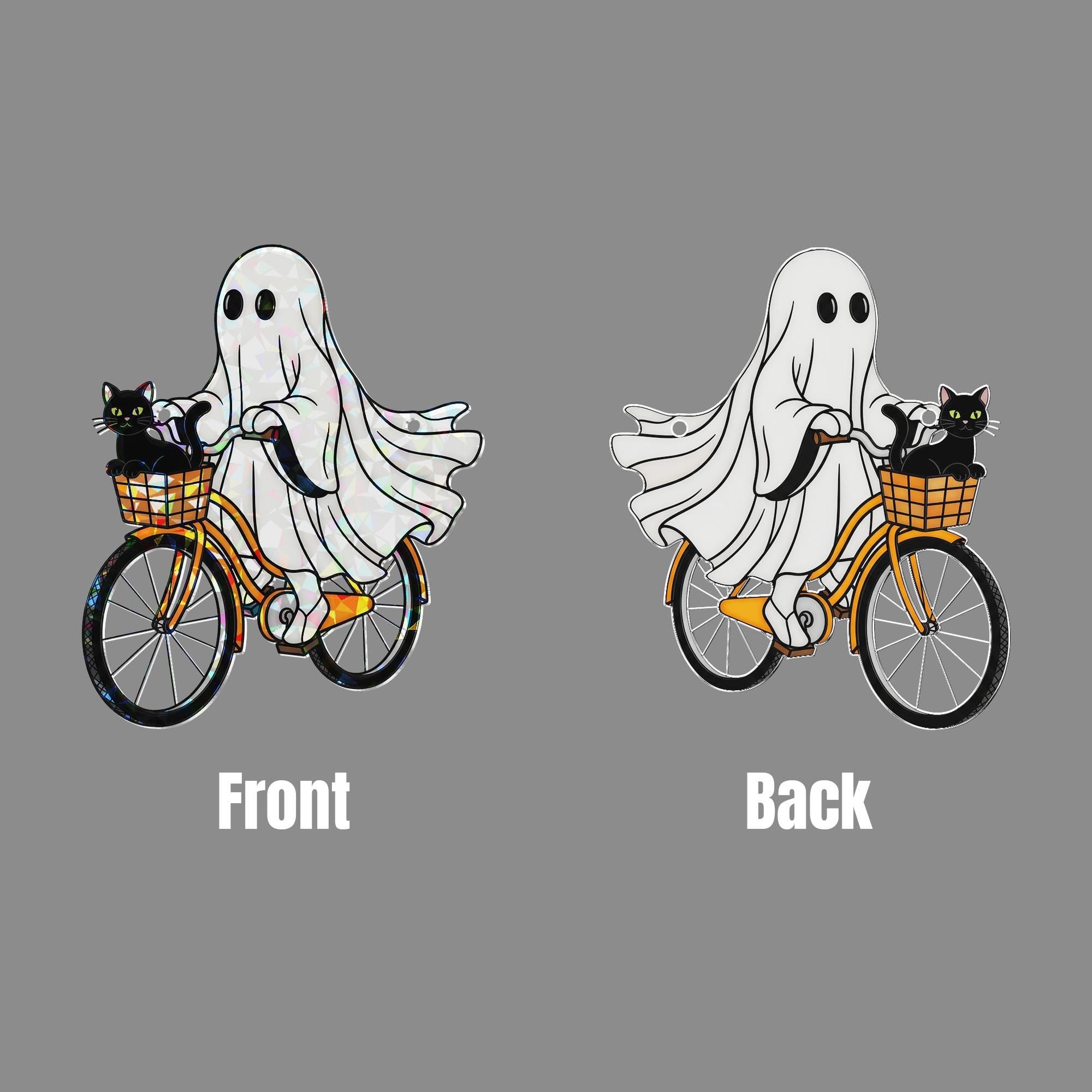 Ghost and Black Cat on Bike Hologram Ornament - Cute Halloween ACRYLIC Window Hanging, Spooky Fall Home Decor, Gothic Black Cat Decor