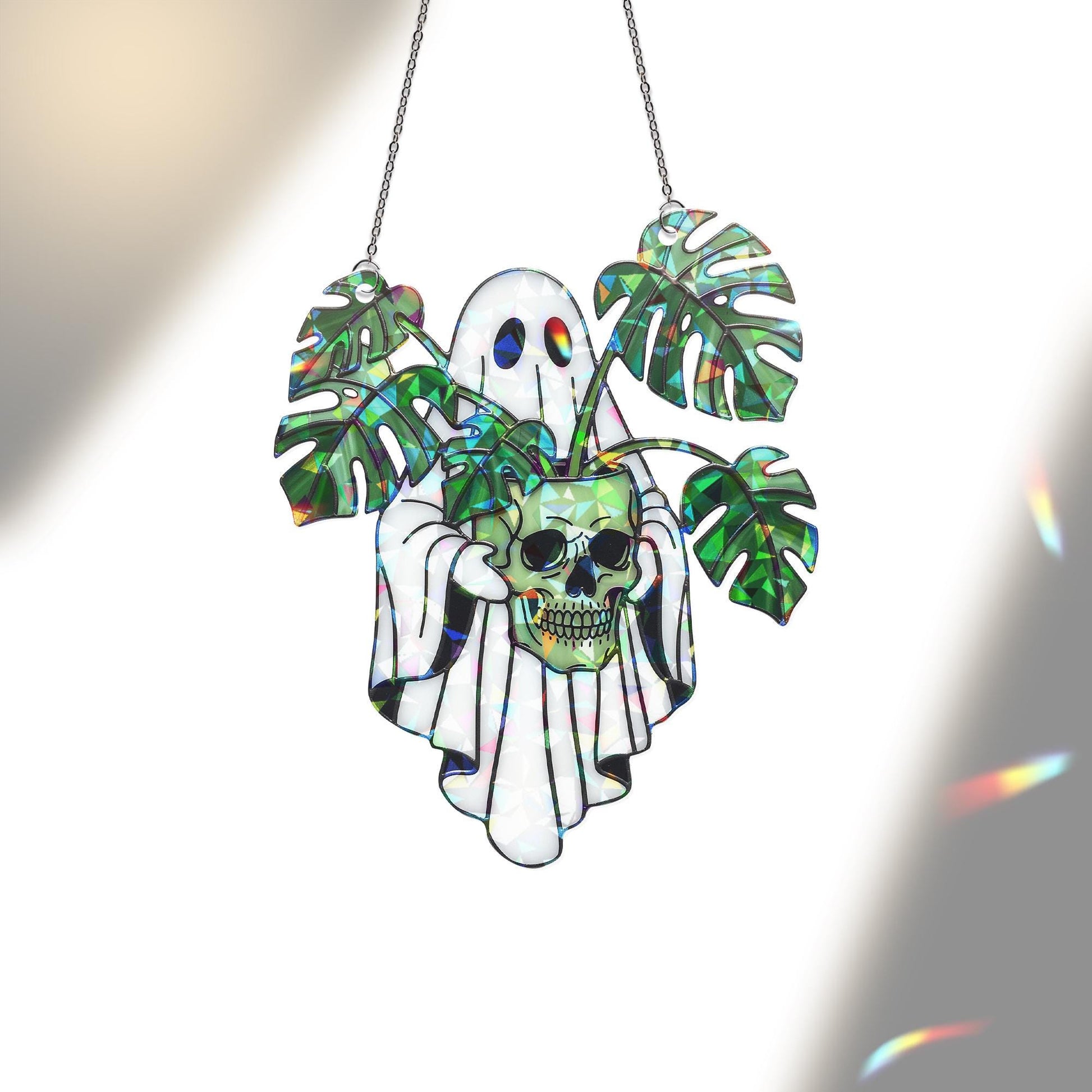 Ghost with Monstera and Skull Hologram Ornament - Gothic Halloween ACRYLIC Window Hanging, Spooky Plant Lover Decor, Creepy Cute Gift