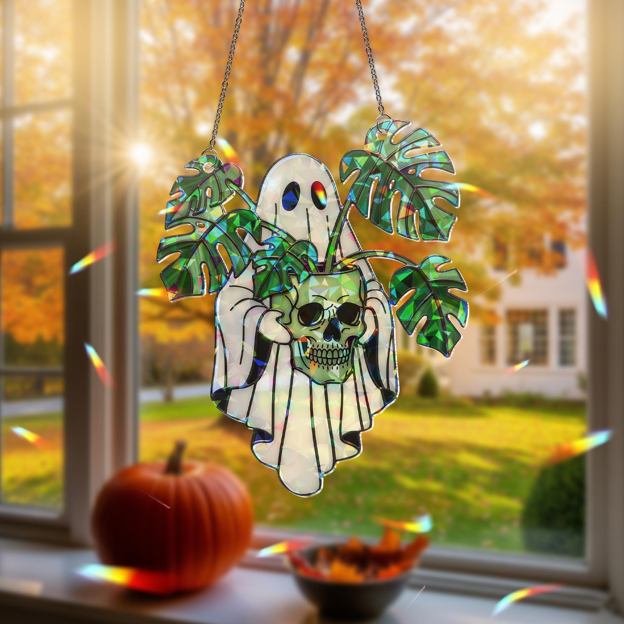 Ghost with Monstera and Skull Hologram Ornament - Gothic Halloween ACRYLIC Window Hanging, Spooky Plant Lover Decor, Creepy Cute Gift