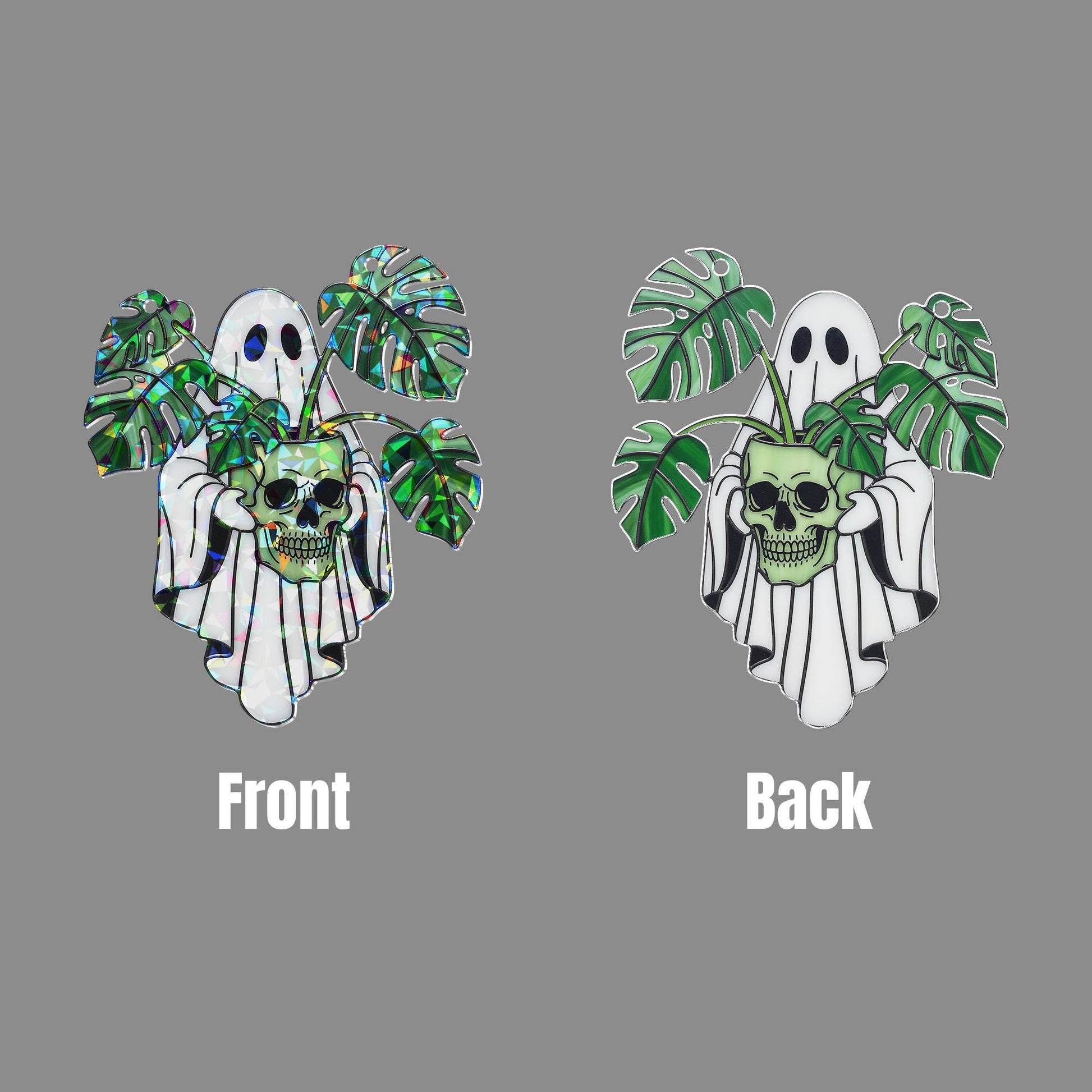 Ghost with Monstera and Skull Hologram Ornament - Gothic Halloween ACRYLIC Window Hanging, Spooky Plant Lover Decor, Creepy Cute Gift