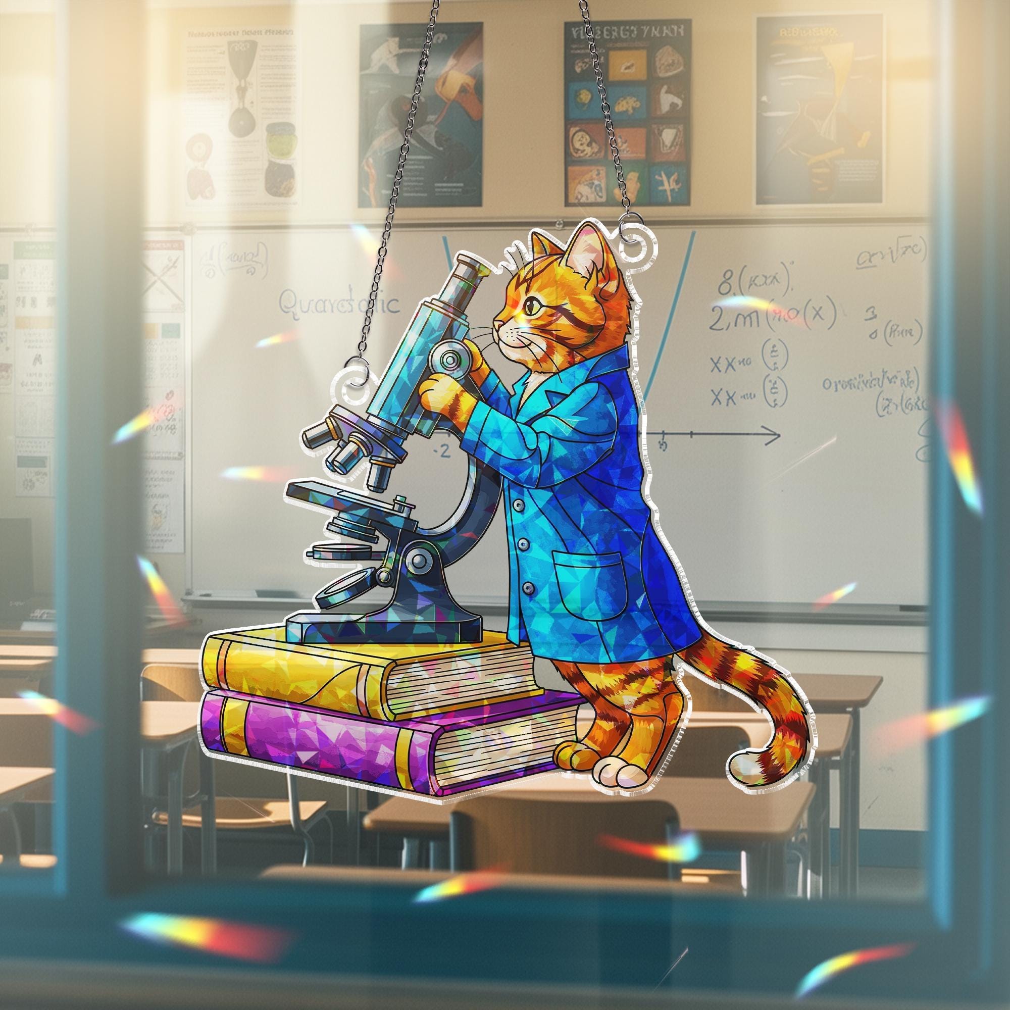 Scientist Cat ACRYLIC Hologram Ornament - Classroom Decor with Microscope, Books, Cute Gift for Teachers, Science Lovers, Cat Teacher Decor