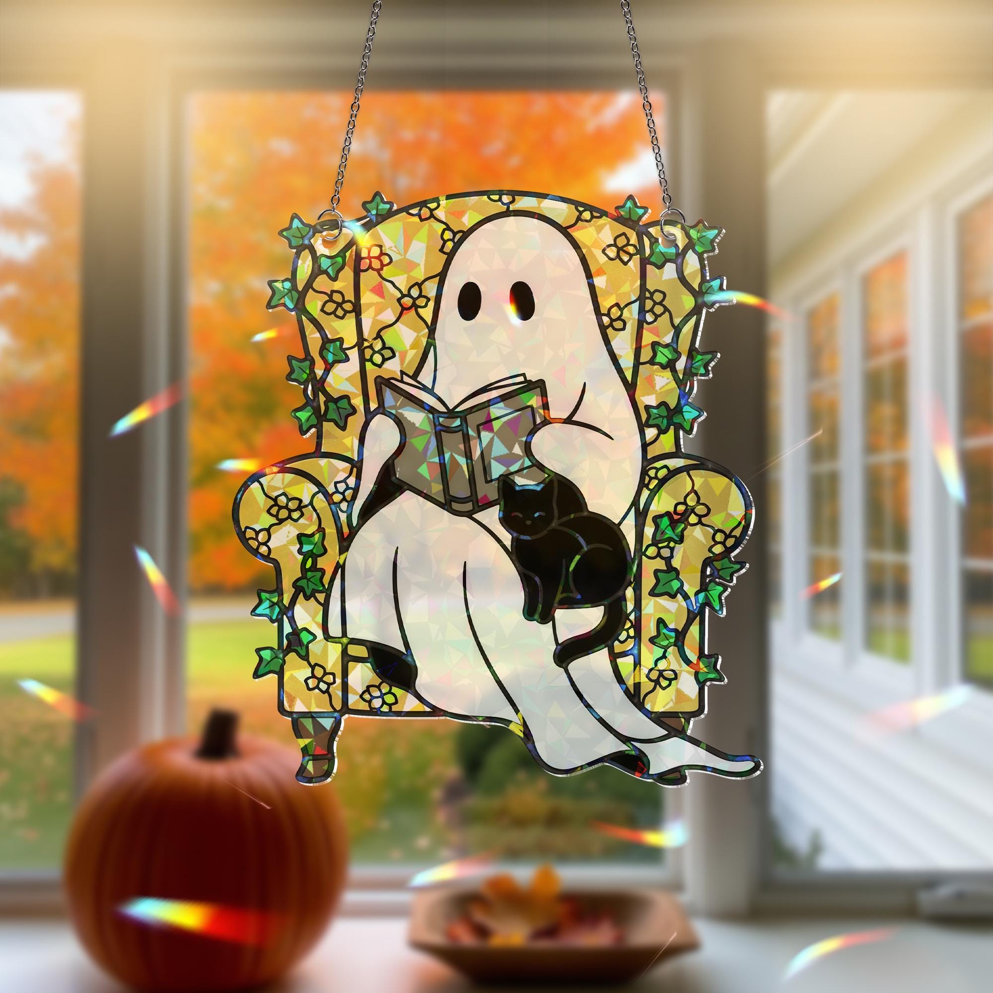 Ghost Reading with Cat Hologram Ornament - Cozy ACRYLIC Window Hanging, Spooky Cute Book Lover Decor, Halloween Ghost Cat Ornament