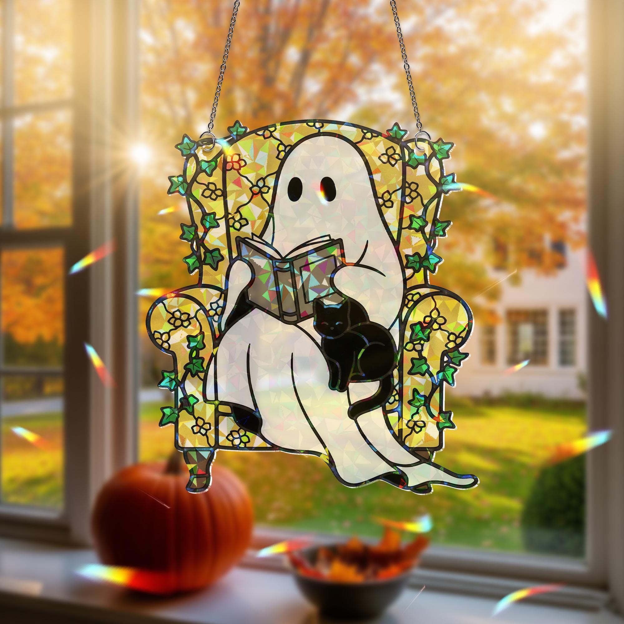 Ghost Reading with Cat Hologram Ornament - Cozy ACRYLIC Window Hanging, Spooky Cute Book Lover Decor, Halloween Ghost Cat Ornament