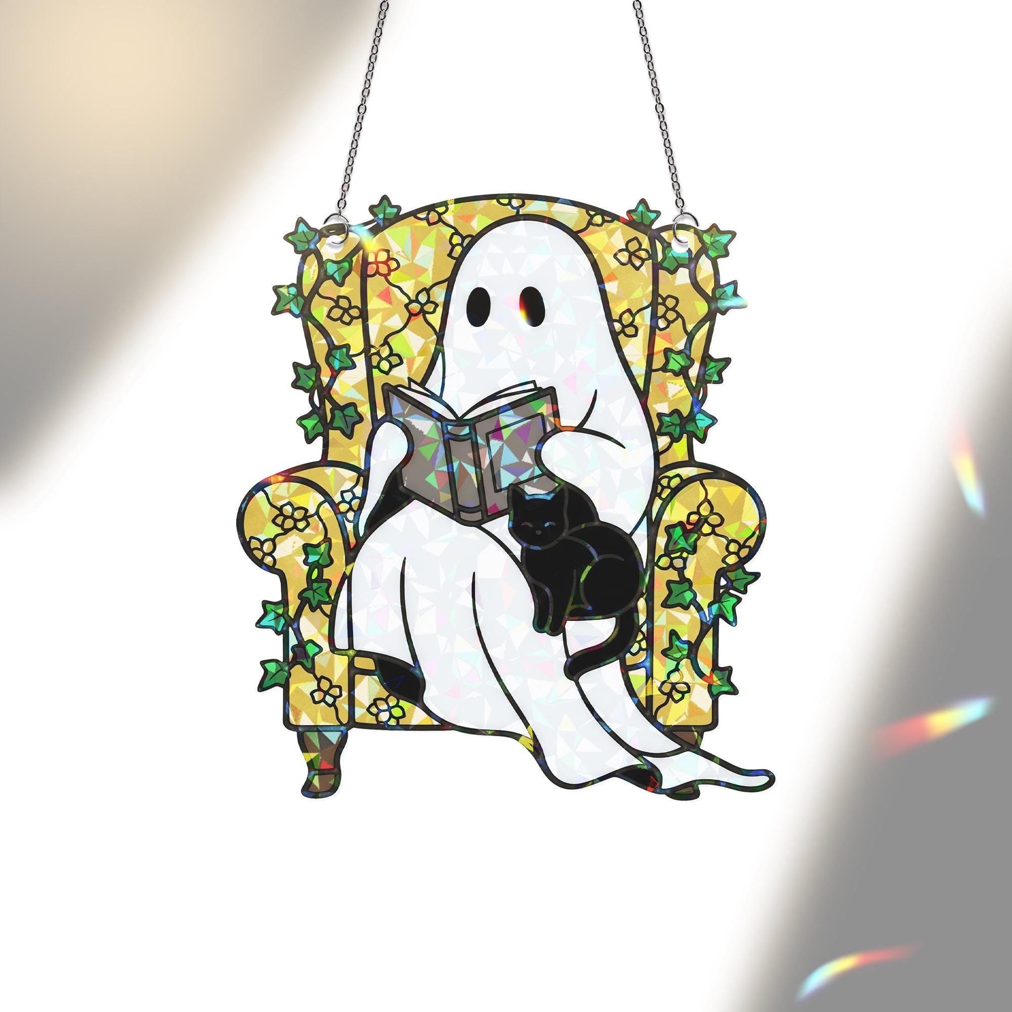 Ghost Reading with Cat Hologram Ornament - Cozy ACRYLIC Window Hanging, Spooky Cute Book Lover Decor, Halloween Ghost Cat Ornament