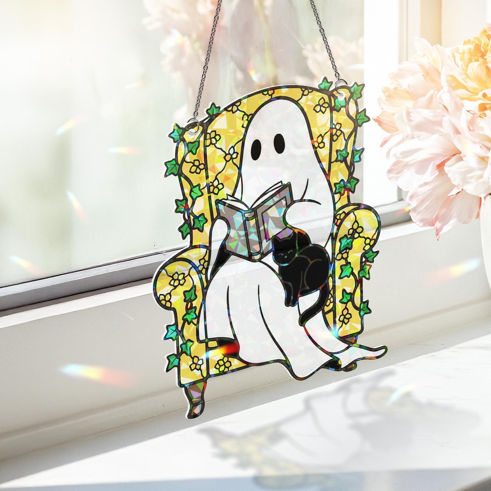 Ghost Reading with Cat Hologram Ornament - Cozy ACRYLIC Window Hanging, Spooky Cute Book Lover Decor, Halloween Ghost Cat Ornament