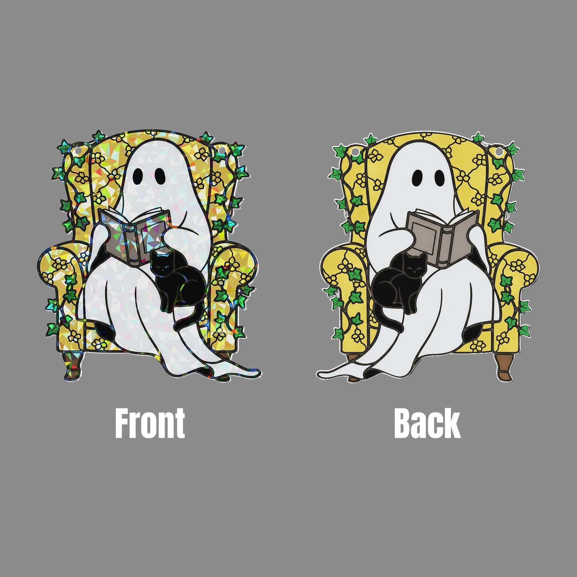 Ghost Reading with Cat Hologram Ornament - Cozy ACRYLIC Window Hanging, Spooky Cute Book Lover Decor, Halloween Ghost Cat Ornament