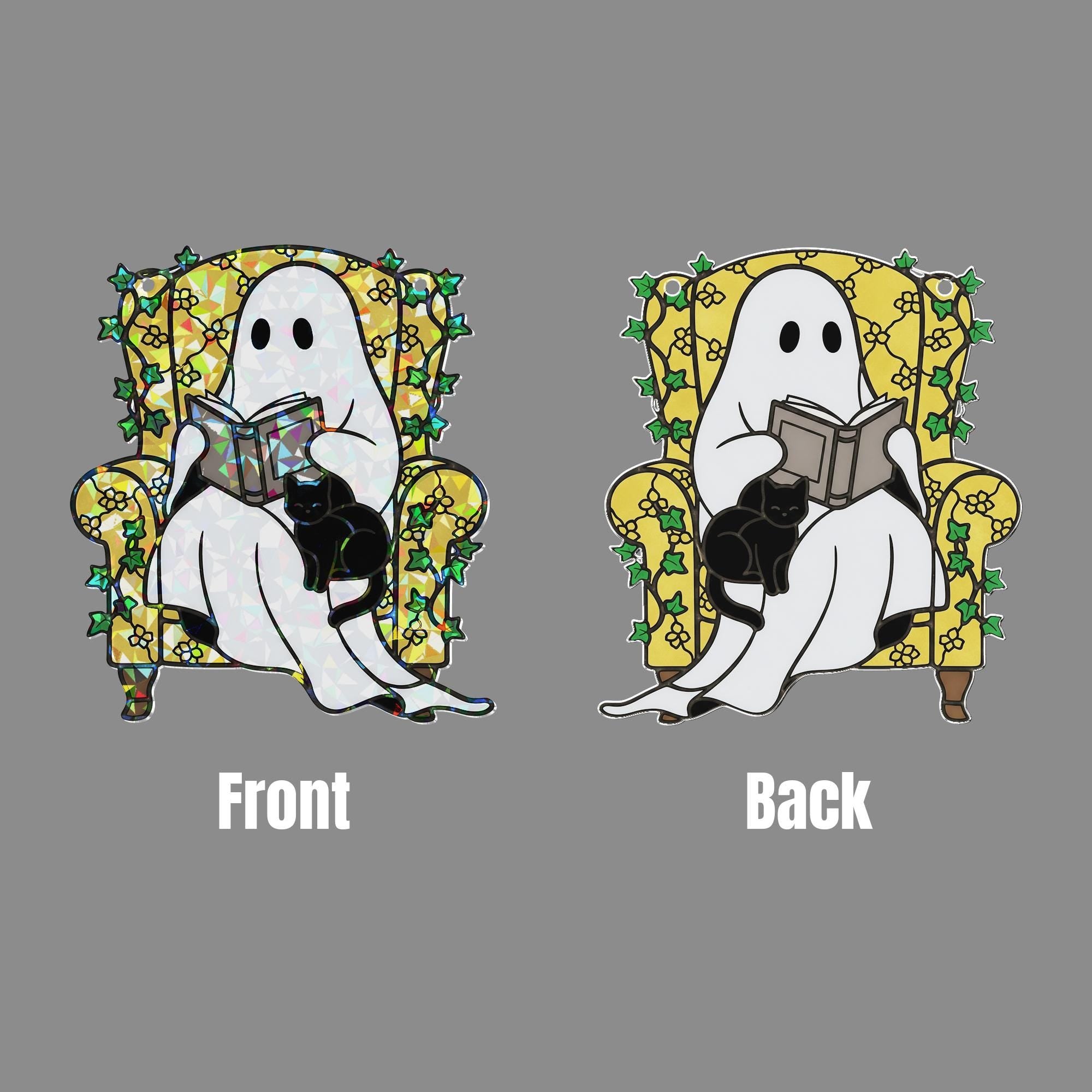 Ghost Reading with Cat Hologram Ornament - Cozy ACRYLIC Window Hanging, Spooky Cute Book Lover Decor, Halloween Ghost Cat Ornament