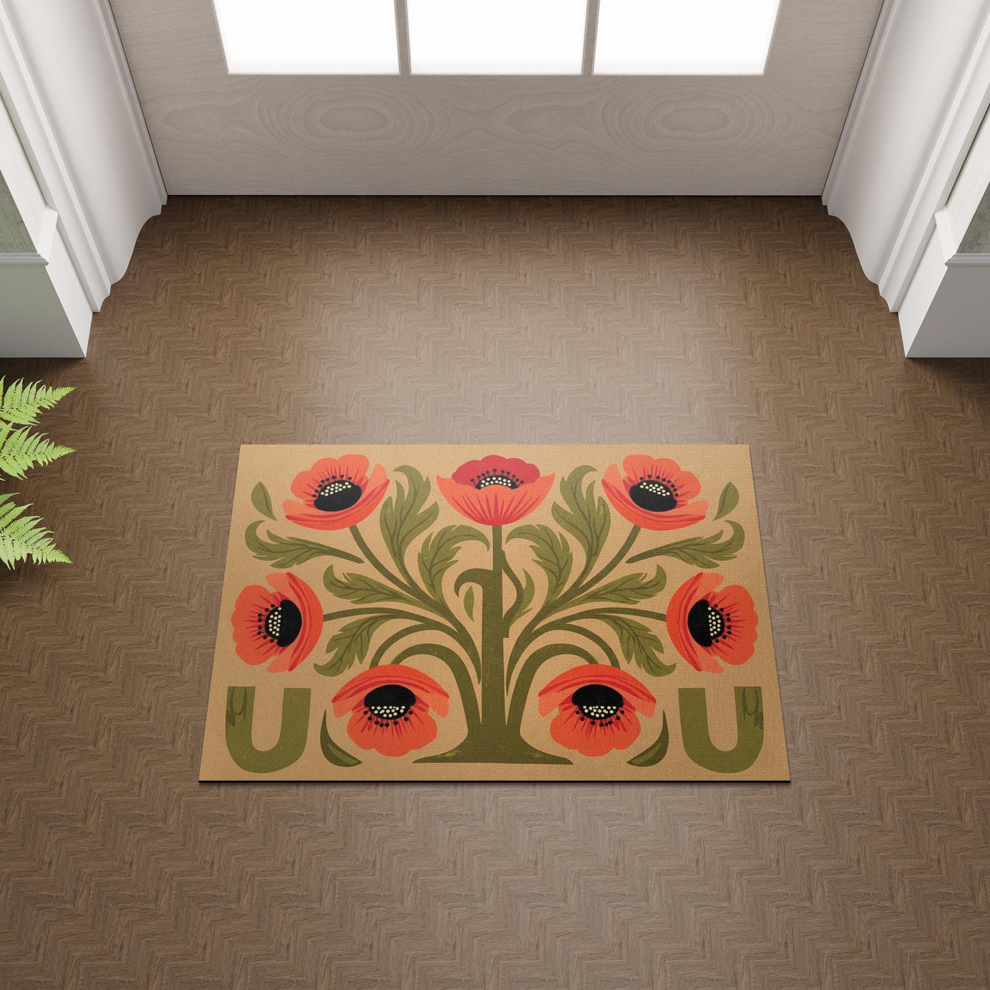 Retro Floral Doormat, Poppy Flower Welcome Mat, Boho Front Porch Decor, Outdoor Door Mat, Summer Entryway Rug, Folk Art Doormat