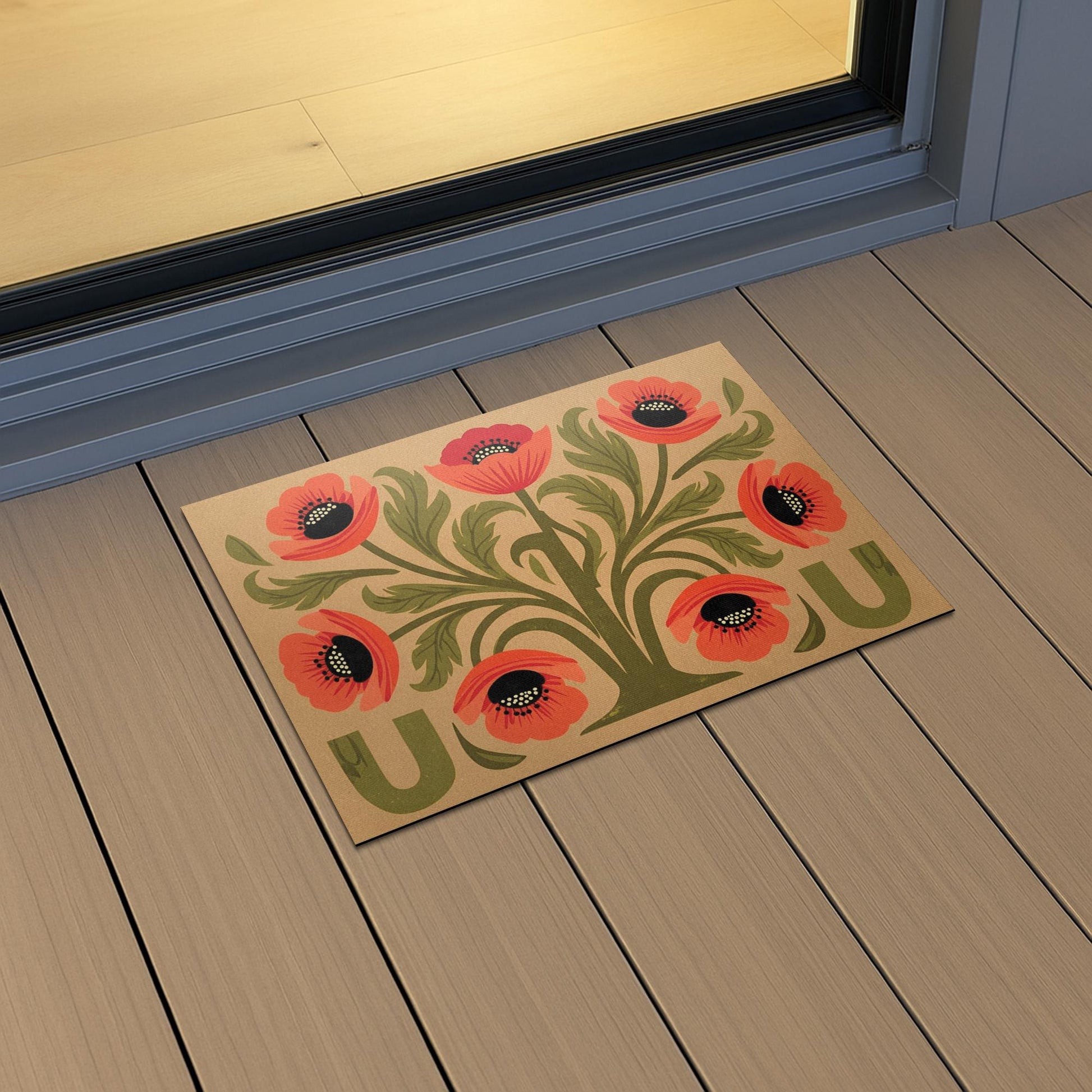 Retro Floral Doormat, Poppy Flower Welcome Mat, Boho Front Porch Decor, Outdoor Door Mat, Summer Entryway Rug, Folk Art Doormat