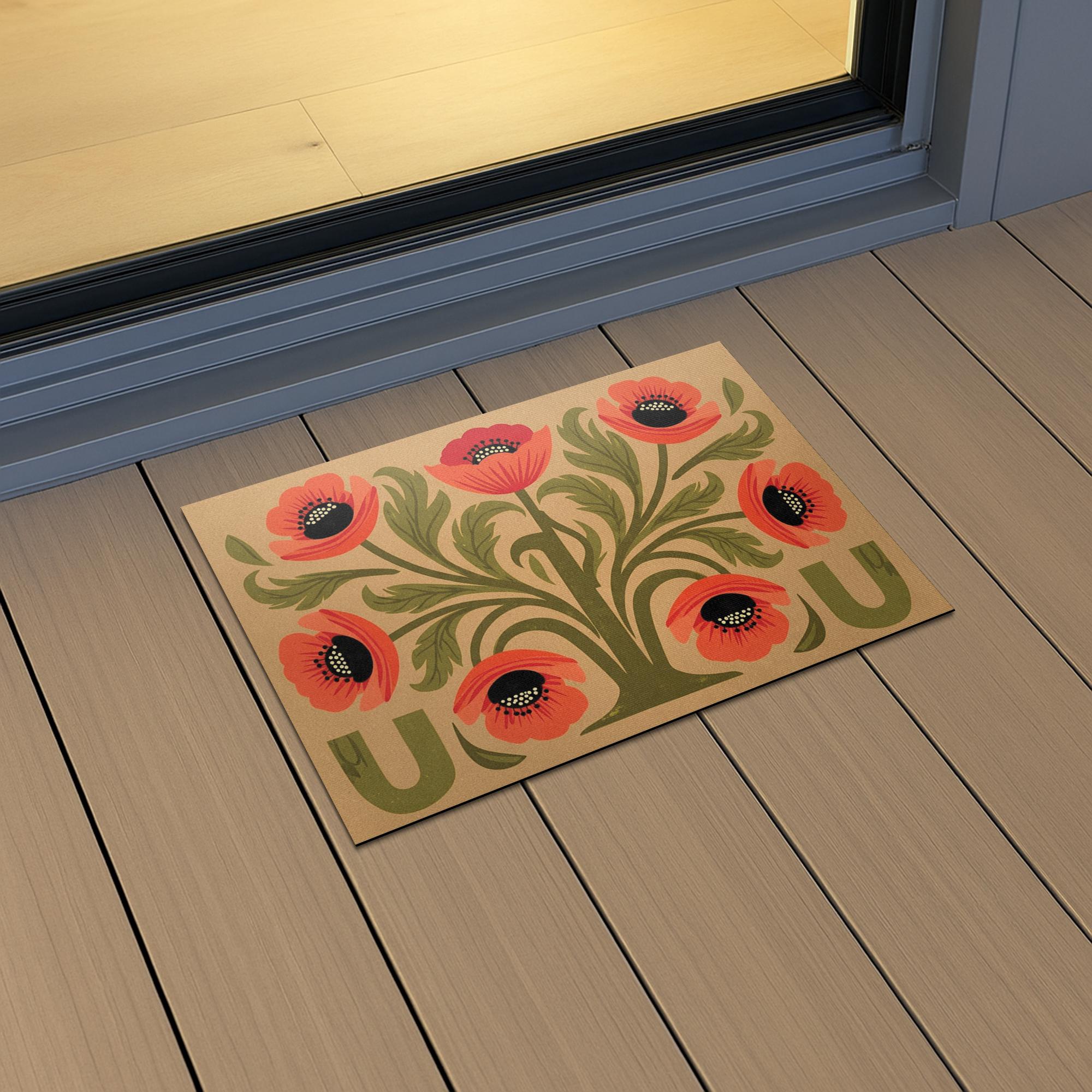 Retro Floral Doormat, Poppy Flower Welcome Mat, Boho Front Porch Decor, Outdoor Door Mat, Summer Entryway Rug, Folk Art Doormat