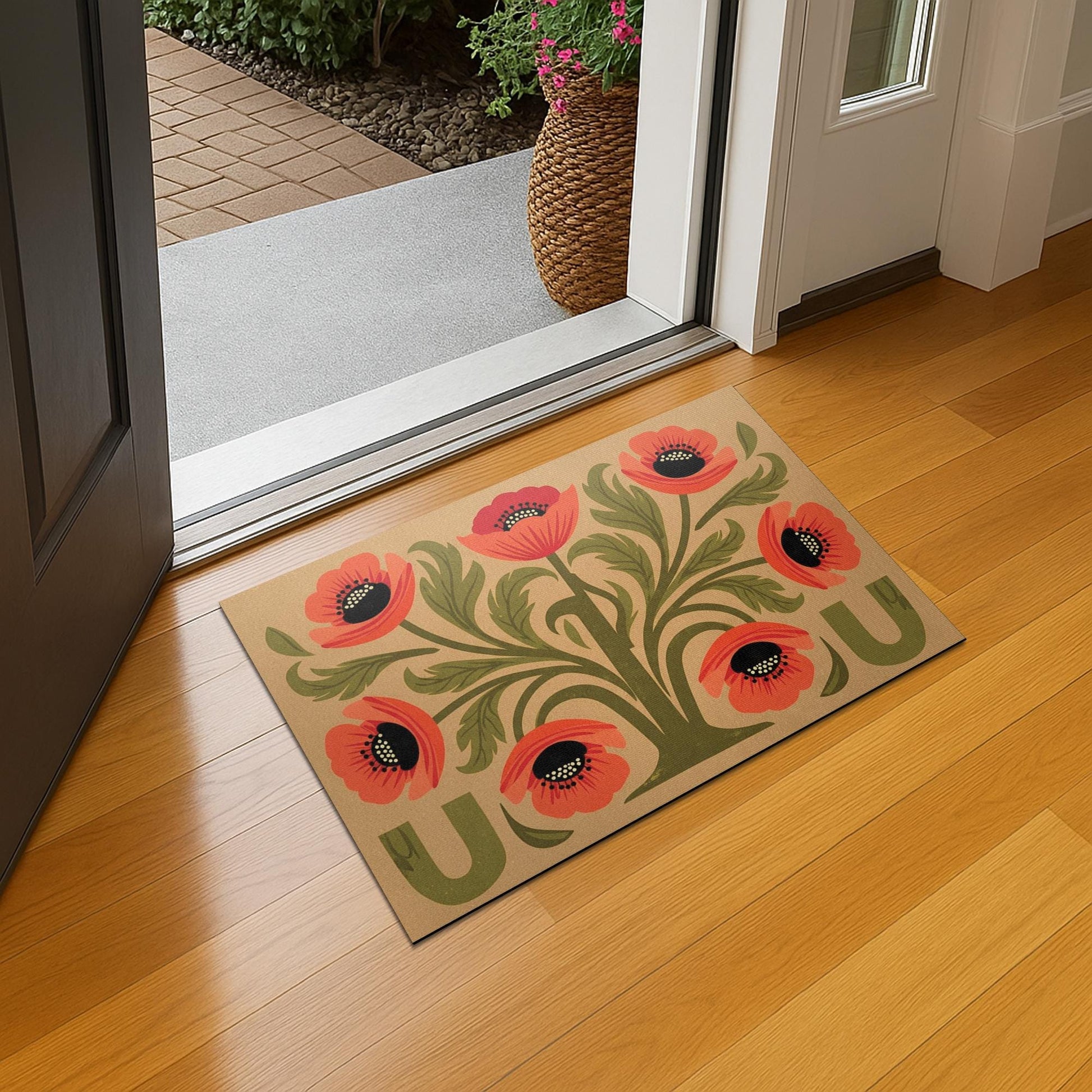 Retro Floral Doormat, Poppy Flower Welcome Mat, Boho Front Porch Decor, Outdoor Door Mat, Summer Entryway Rug, Folk Art Doormat