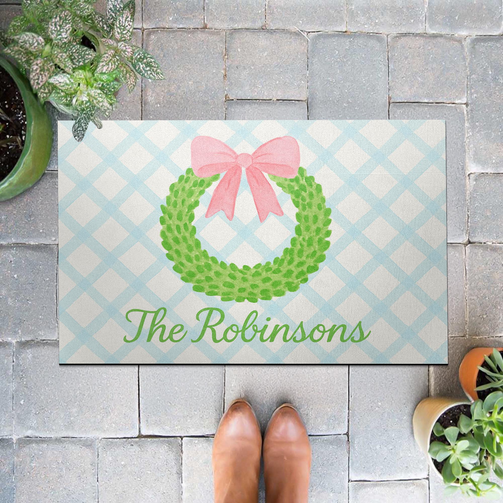Personalized Wreath Doormat, Custom Family Name Welcome Mat, Gingham Front Porch Decor, Pastel Entryway Rug with Bow