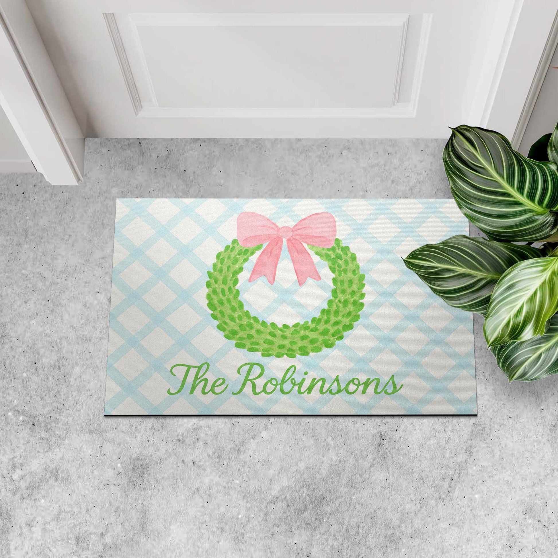 Personalized Wreath Doormat, Custom Family Name Welcome Mat, Gingham Front Porch Decor, Pastel Entryway Rug with Bow