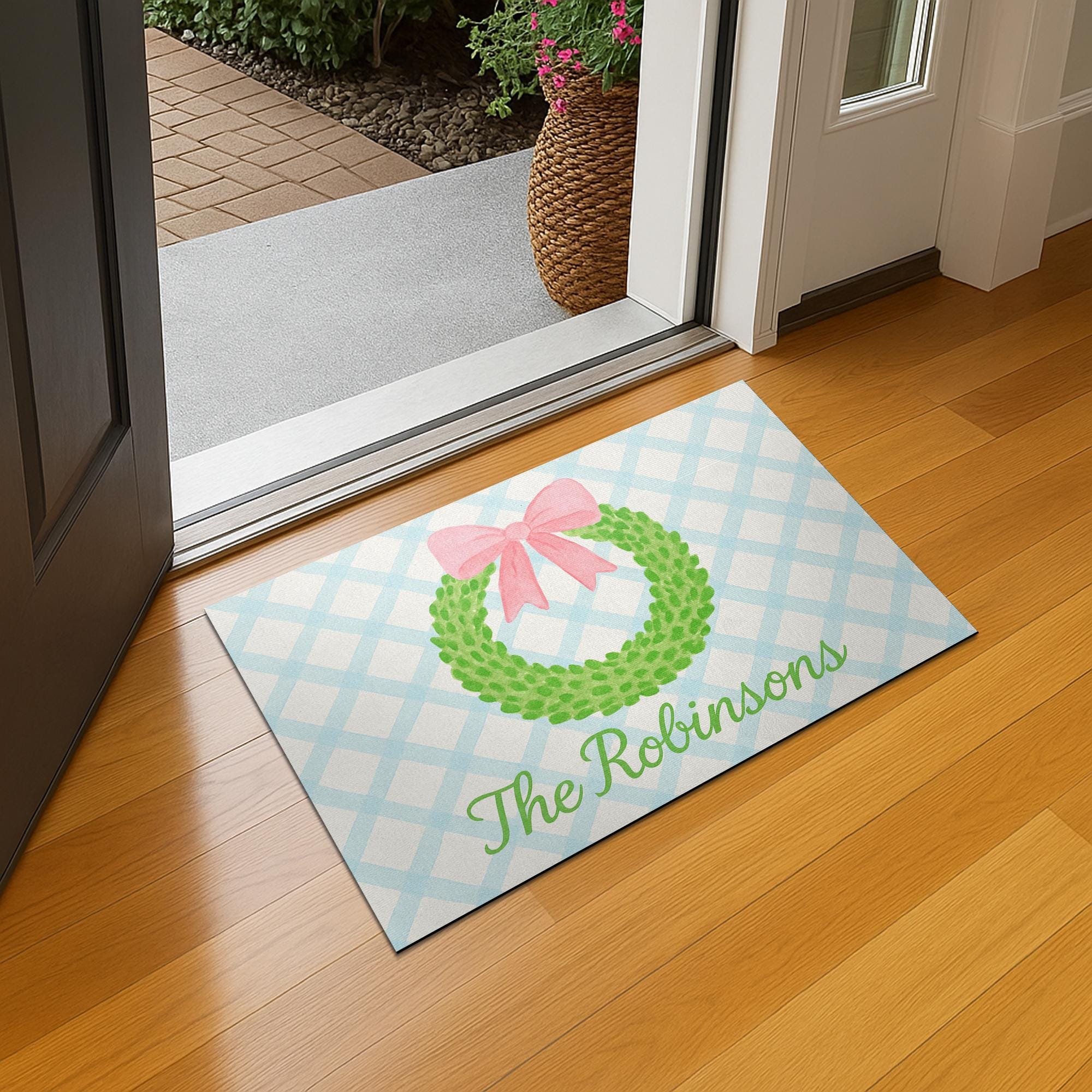 Personalized Wreath Doormat, Custom Family Name Welcome Mat, Gingham Front Porch Decor, Pastel Entryway Rug with Bow