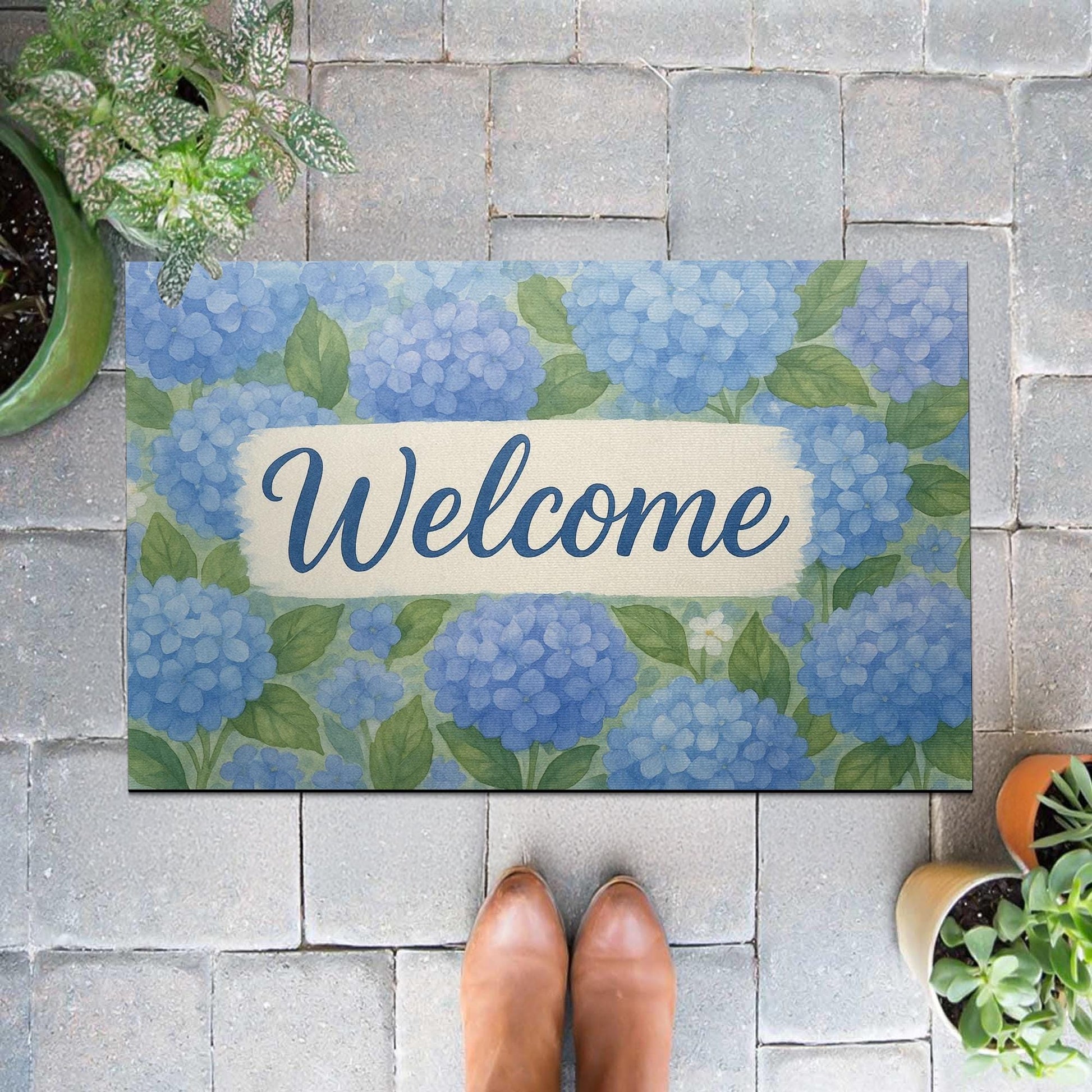 Hydrangea Welcome Doormat, Floral Front Porch Rug, Blue Flower Entry Mat, Spring Summer Door Decor, Watercolor Welcome Mat
