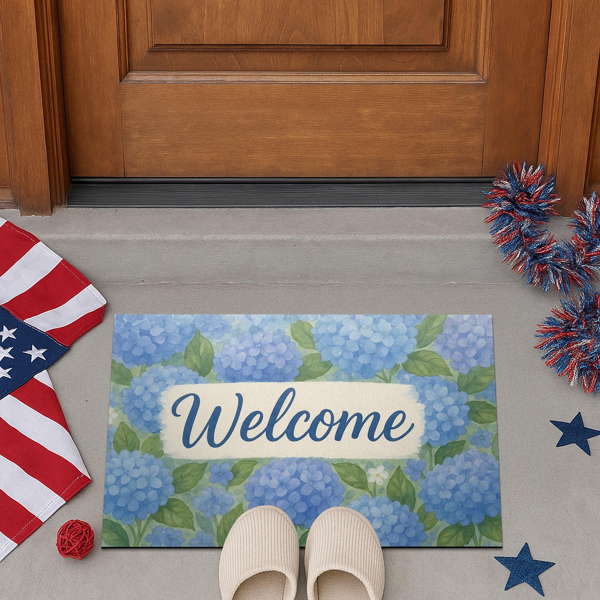 Hydrangea Welcome Doormat, Floral Front Porch Rug, Blue Flower Entry Mat, Spring Summer Door Decor, Watercolor Welcome Mat