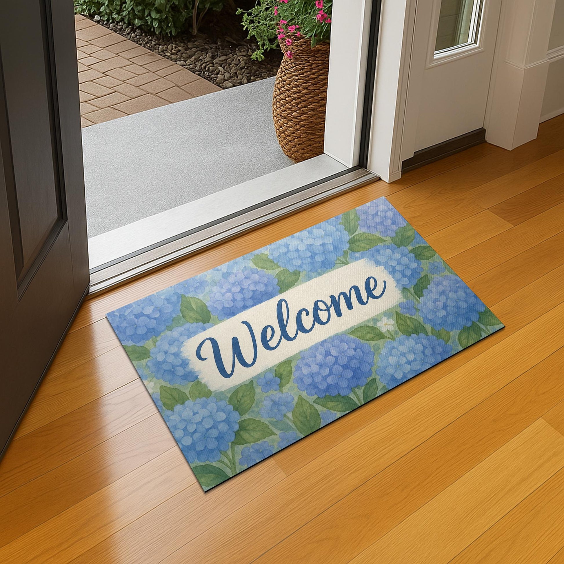 Hydrangea Welcome Doormat, Floral Front Porch Rug, Blue Flower Entry Mat, Spring Summer Door Decor, Watercolor Welcome Mat