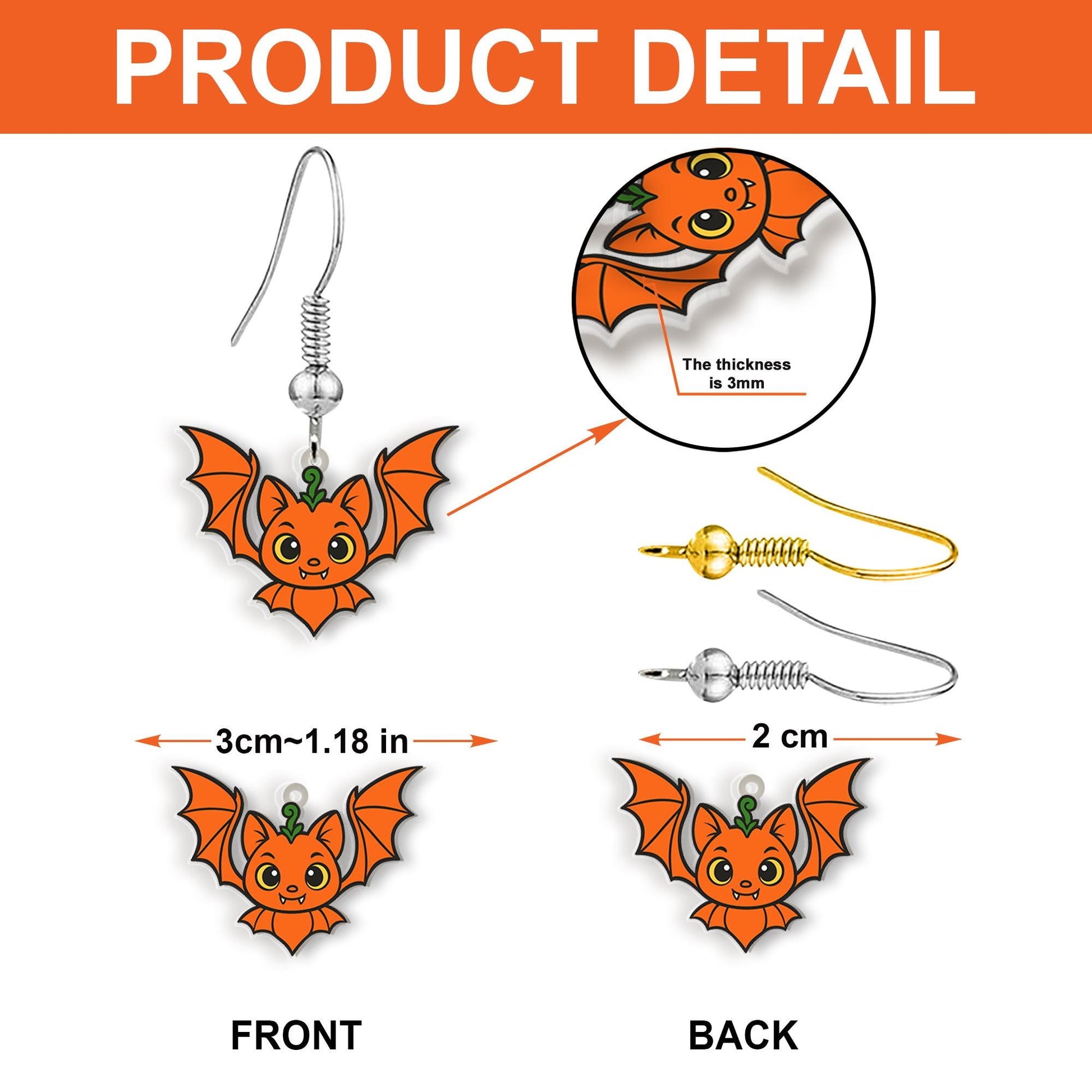 Cute Pumpkin Bat Earrings, Halloween Dangle Earrings, Spooky Bat Jewelry, Fall Pumpkin Jewelry, Kawaii Halloween Accessory