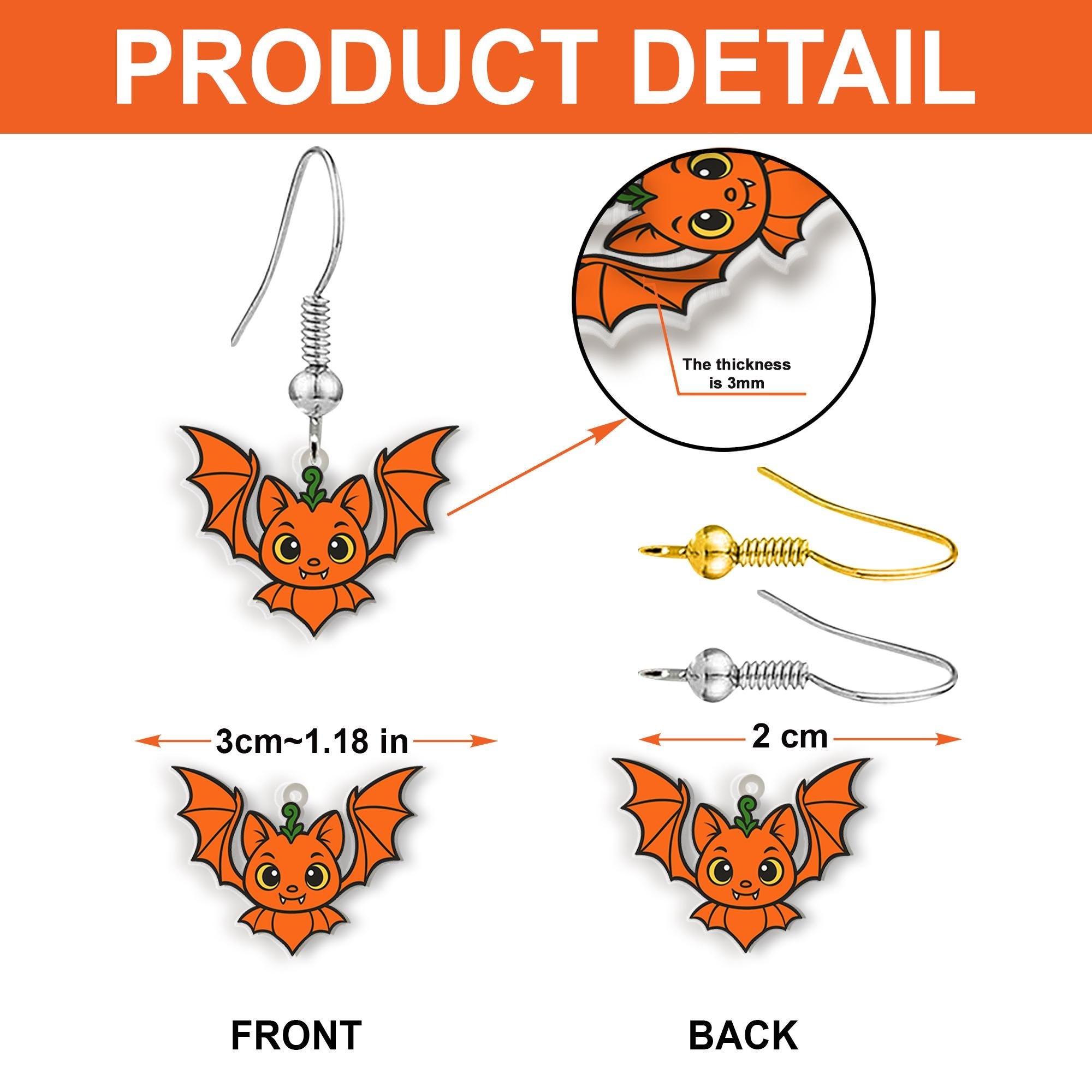 Cute Pumpkin Bat Earrings, Halloween Dangle Earrings, Spooky Bat Jewelry, Fall Pumpkin Jewelry, Kawaii Halloween Accessory