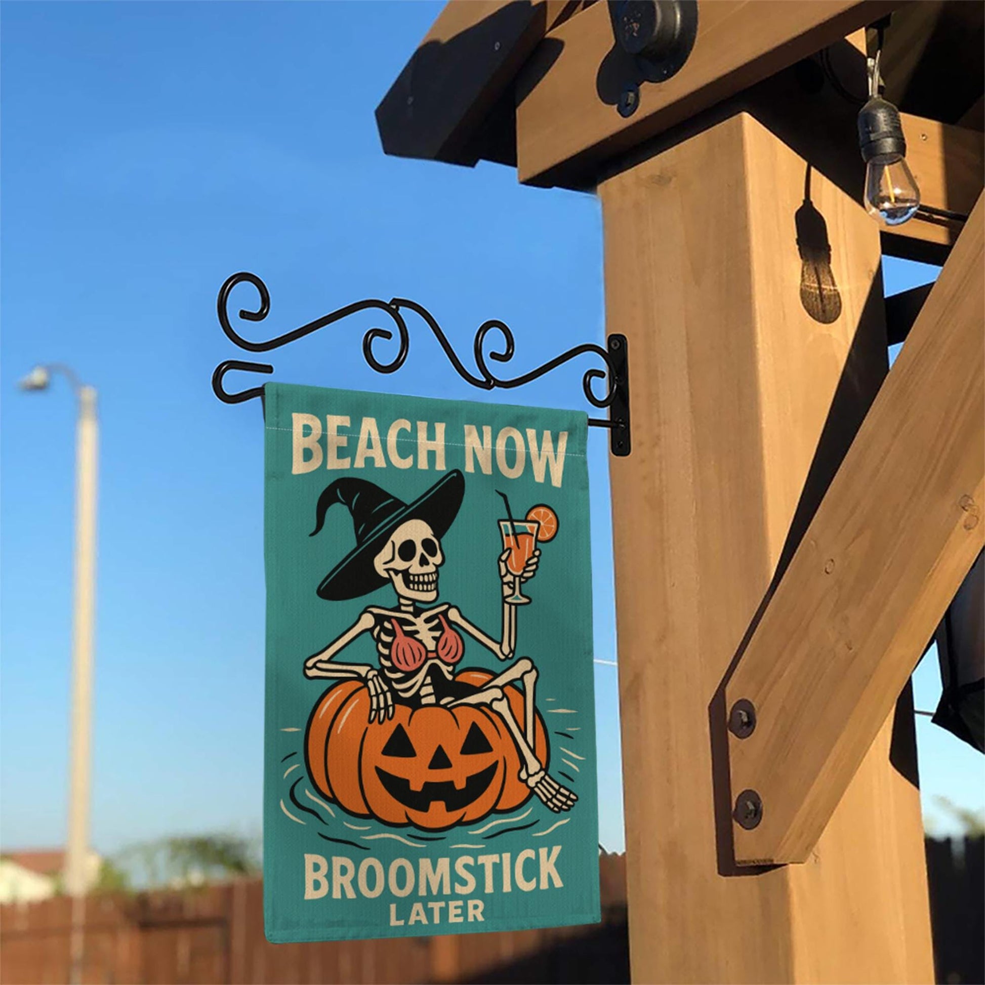 Funny Halloween Beach Garden Flag, Skeleton Witch Pumpkin Yard Decor, Summer Fall Outdoor Flag, Beach Now Broomstick Later