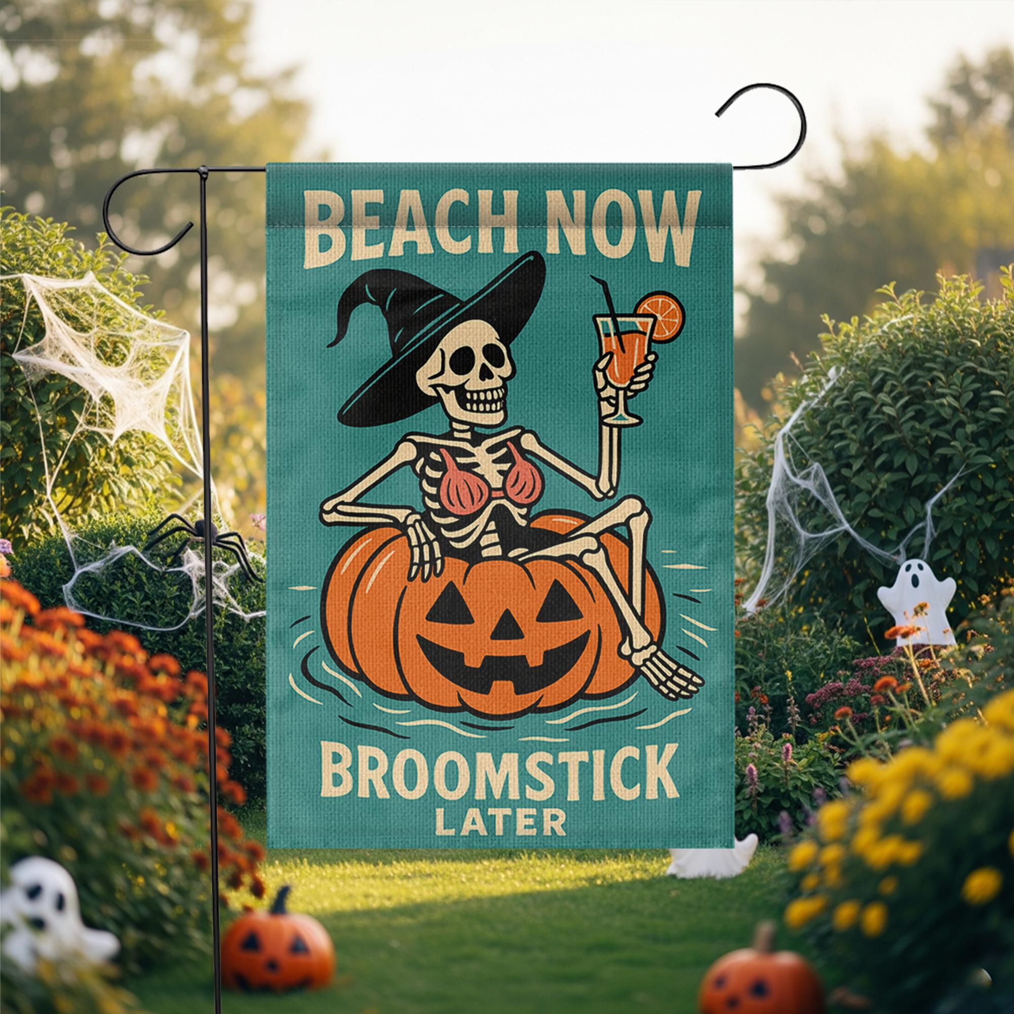 Funny Halloween Beach Garden Flag, Skeleton Witch Pumpkin Yard Decor, Summer Fall Outdoor Flag, Beach Now Broomstick Later