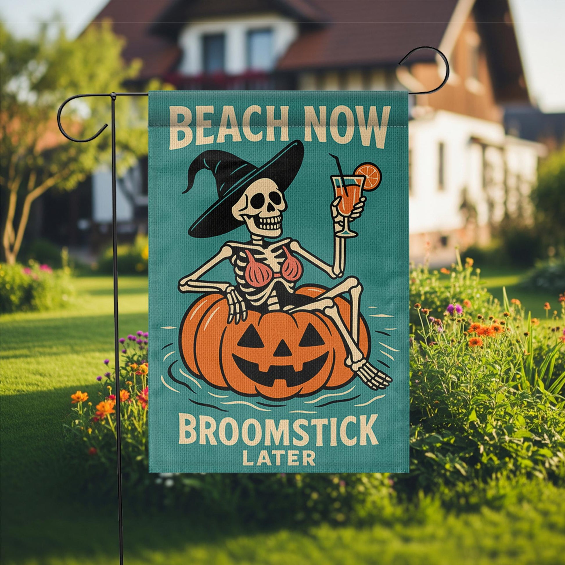 Funny Halloween Beach Garden Flag, Skeleton Witch Pumpkin Yard Decor, Summer Fall Outdoor Flag, Beach Now Broomstick Later