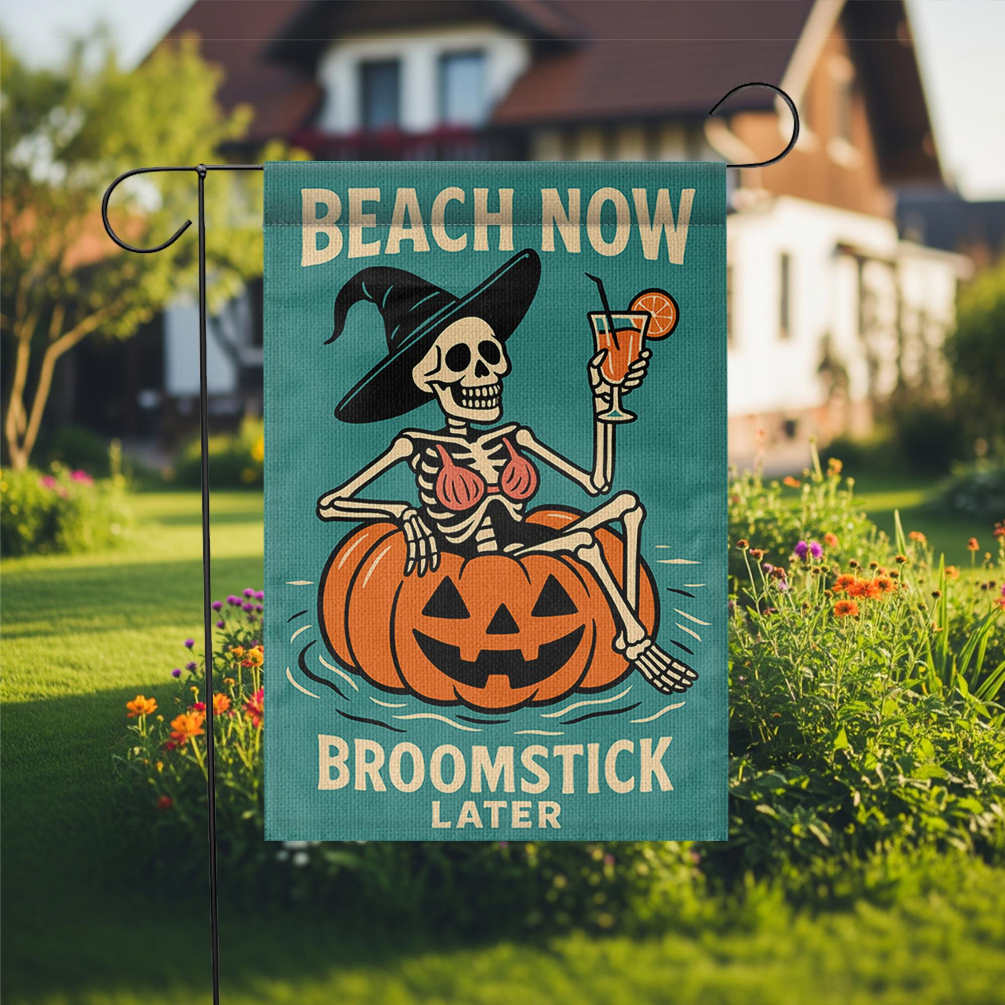 Funny Halloween Beach Garden Flag, Skeleton Witch Pumpkin Yard Decor, Summer Fall Outdoor Flag, Beach Now Broomstick Later