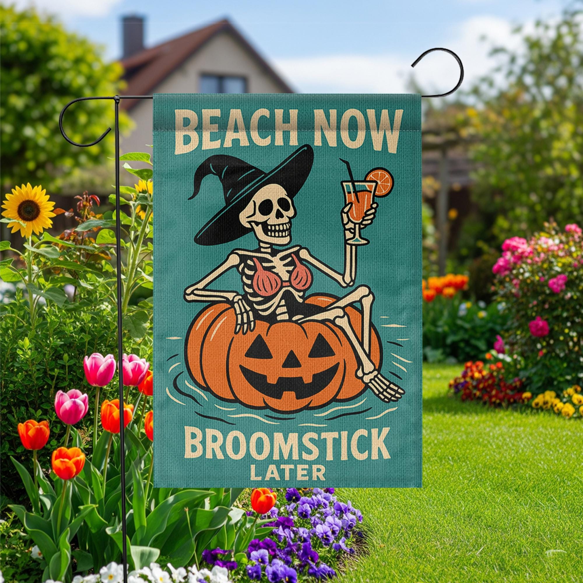 Funny Halloween Beach Garden Flag, Skeleton Witch Pumpkin Yard Decor, Summer Fall Outdoor Flag, Beach Now Broomstick Later