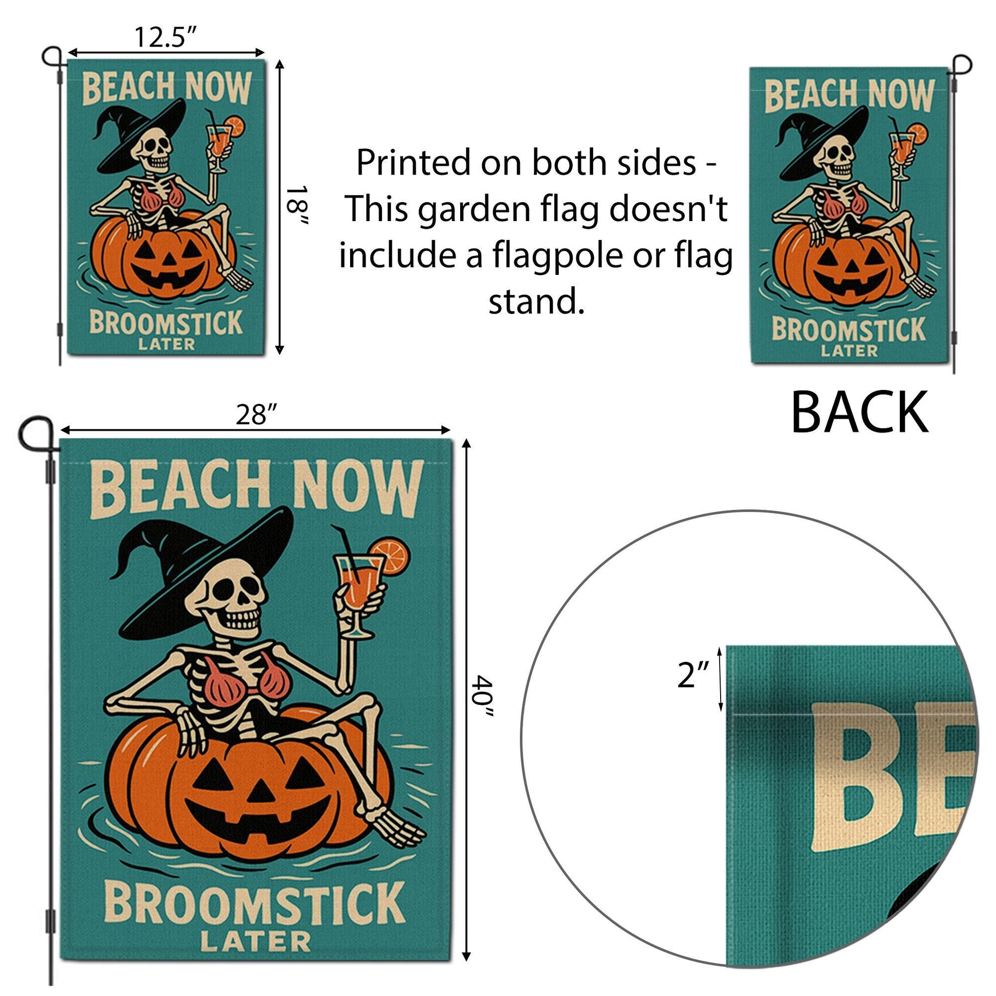 Funny Halloween Beach Garden Flag, Skeleton Witch Pumpkin Yard Decor, Summer Fall Outdoor Flag, Beach Now Broomstick Later