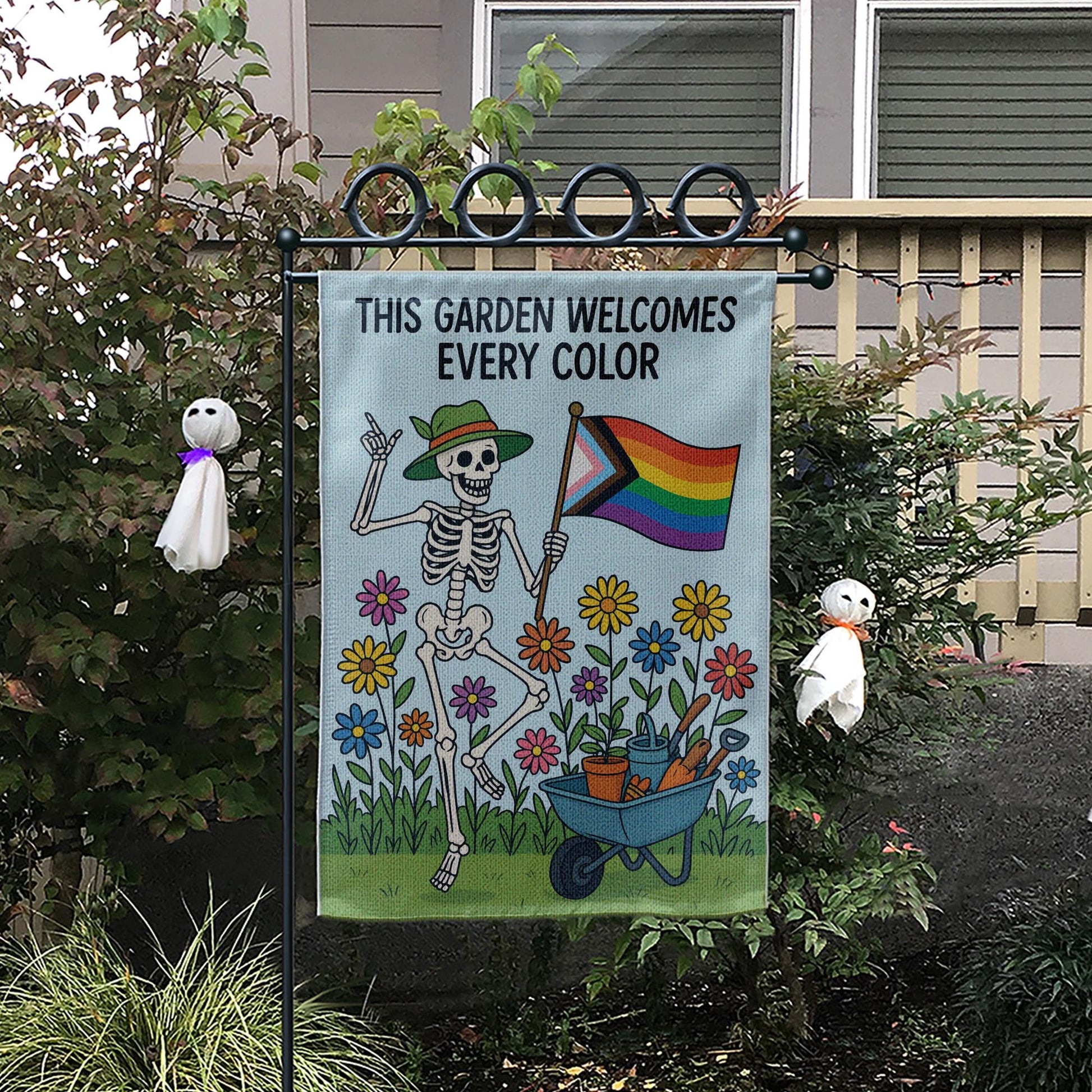 LGBTQ Pride Skeleton Garden Flag, Inclusive Yard Decor, Rainbow Garden Sign, Colorful Equality Flag, Outdoor Spring LGBTQ Banner