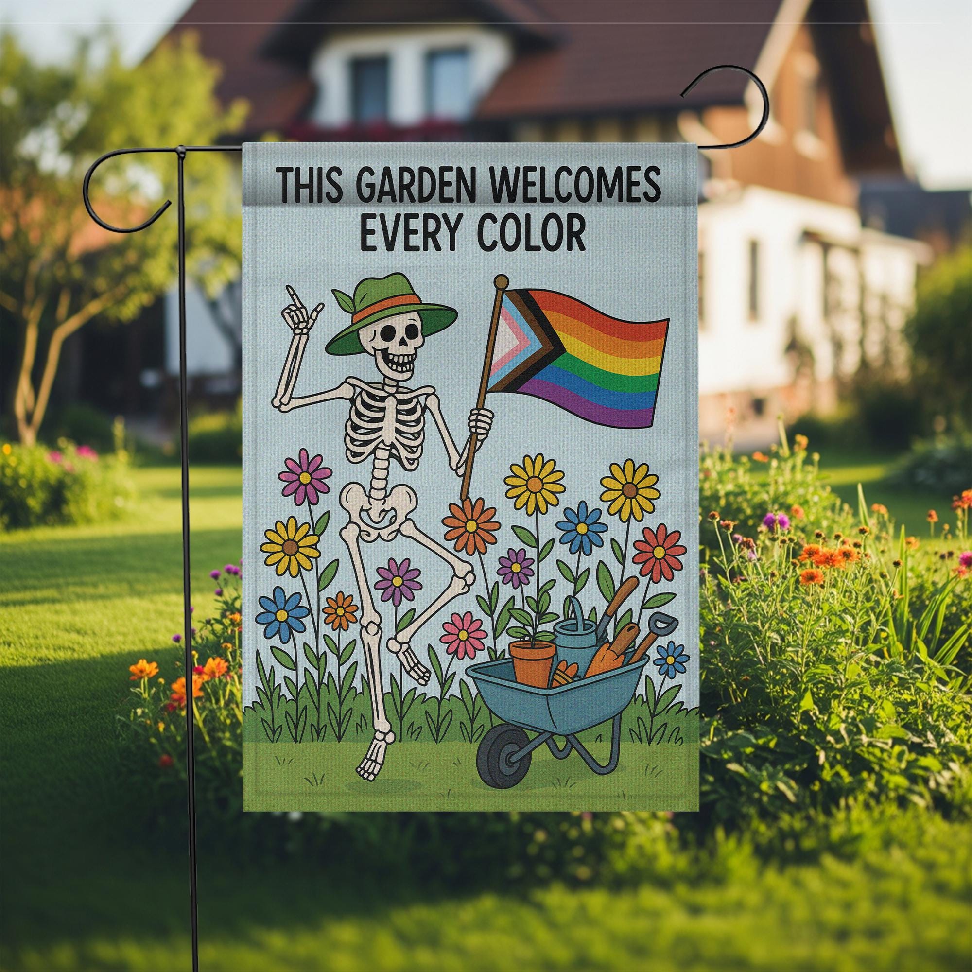 LGBTQ Pride Skeleton Garden Flag, Inclusive Yard Decor, Rainbow Garden Sign, Colorful Equality Flag, Outdoor Spring LGBTQ Banner