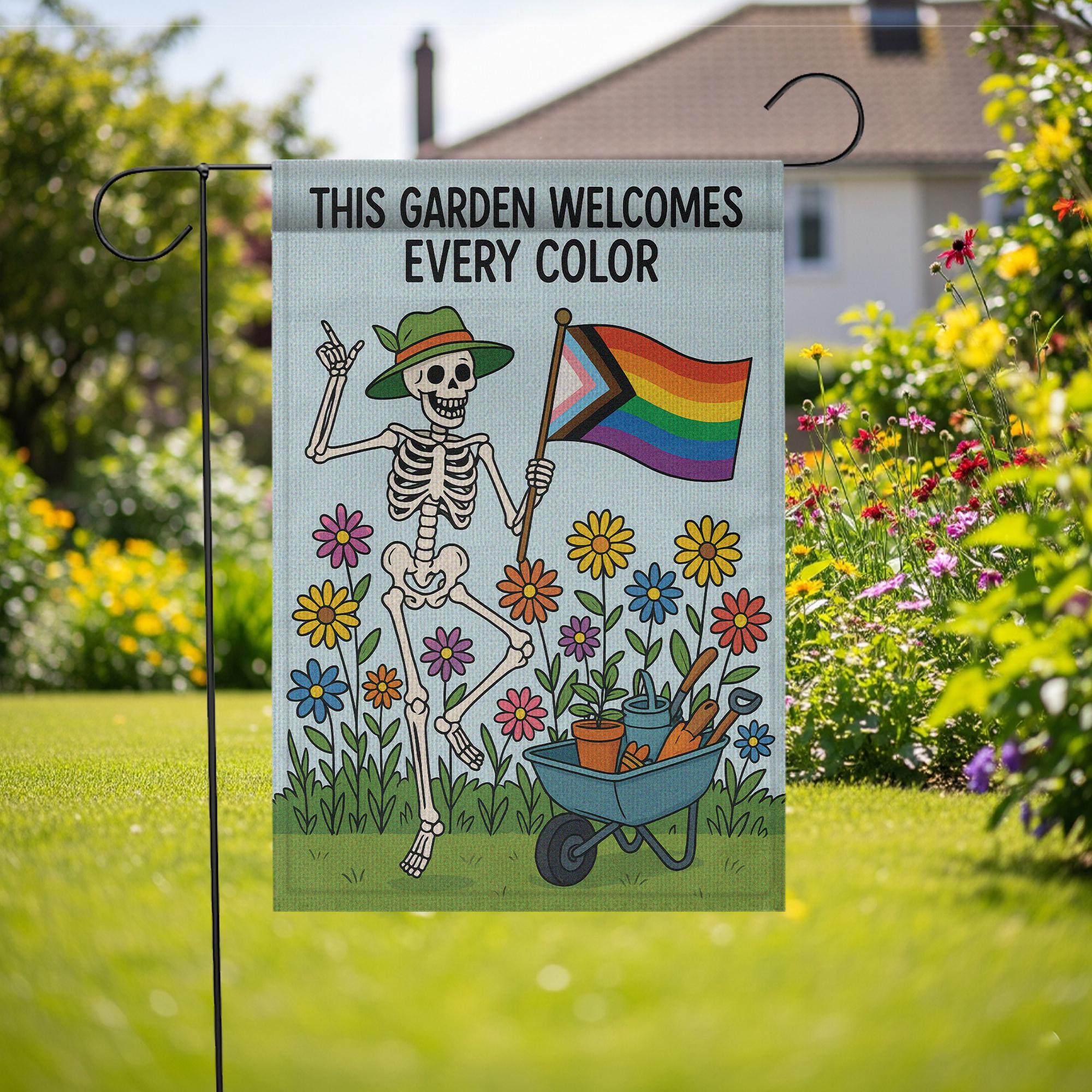 LGBTQ Pride Skeleton Garden Flag, Inclusive Yard Decor, Rainbow Garden Sign, Colorful Equality Flag, Outdoor Spring LGBTQ Banner