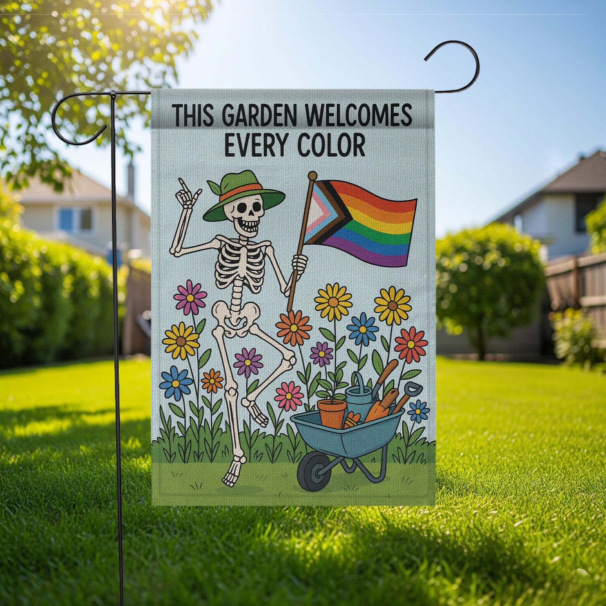 LGBTQ Pride Skeleton Garden Flag, Inclusive Yard Decor, Rainbow Garden Sign, Colorful Equality Flag, Outdoor Spring LGBTQ Banner