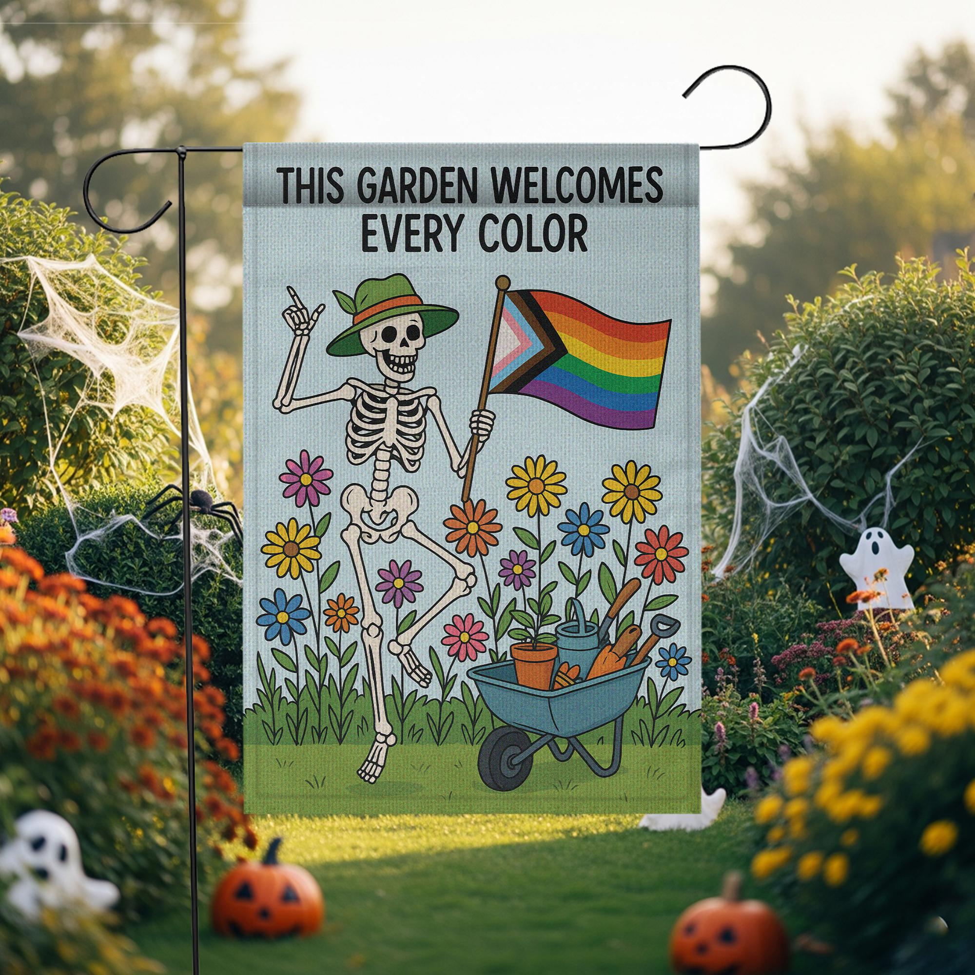 LGBTQ Pride Skeleton Garden Flag, Inclusive Yard Decor, Rainbow Garden Sign, Colorful Equality Flag, Outdoor Spring LGBTQ Banner