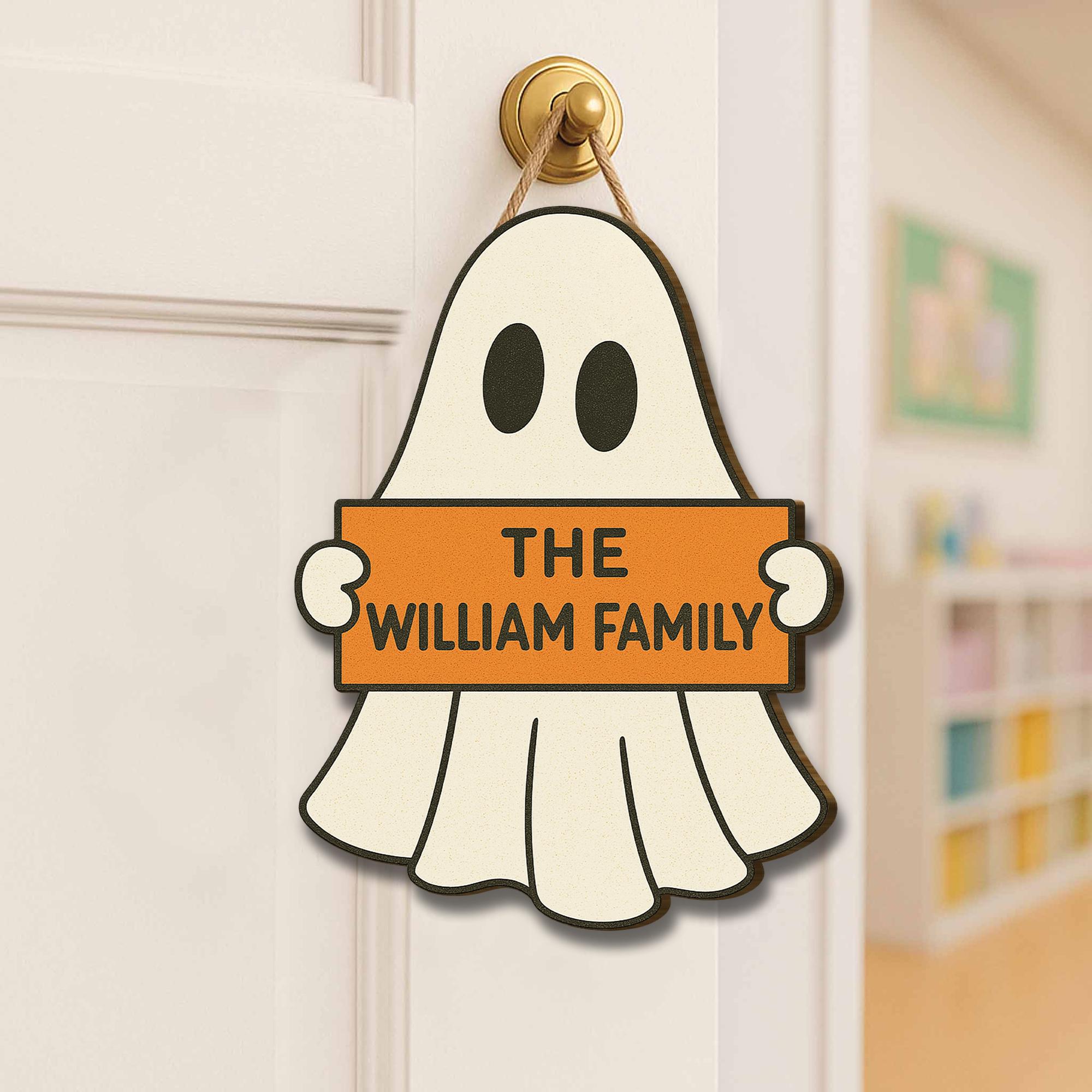 Personalized Ghost Door Hanger, Custom Family Name Sign, Halloween Welcome Decor, Spooky Front Door Sign, Cute Ghost Decoration
