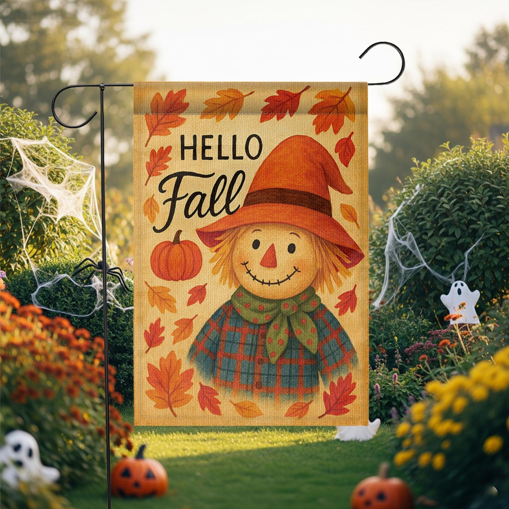Hello Fall Garden Flag, Cute Scarecrow Yard Decor, Autumn Outdoor Flag, Pumpkin Leaf Lawn Sign, Rustic Fall Porch Decoration