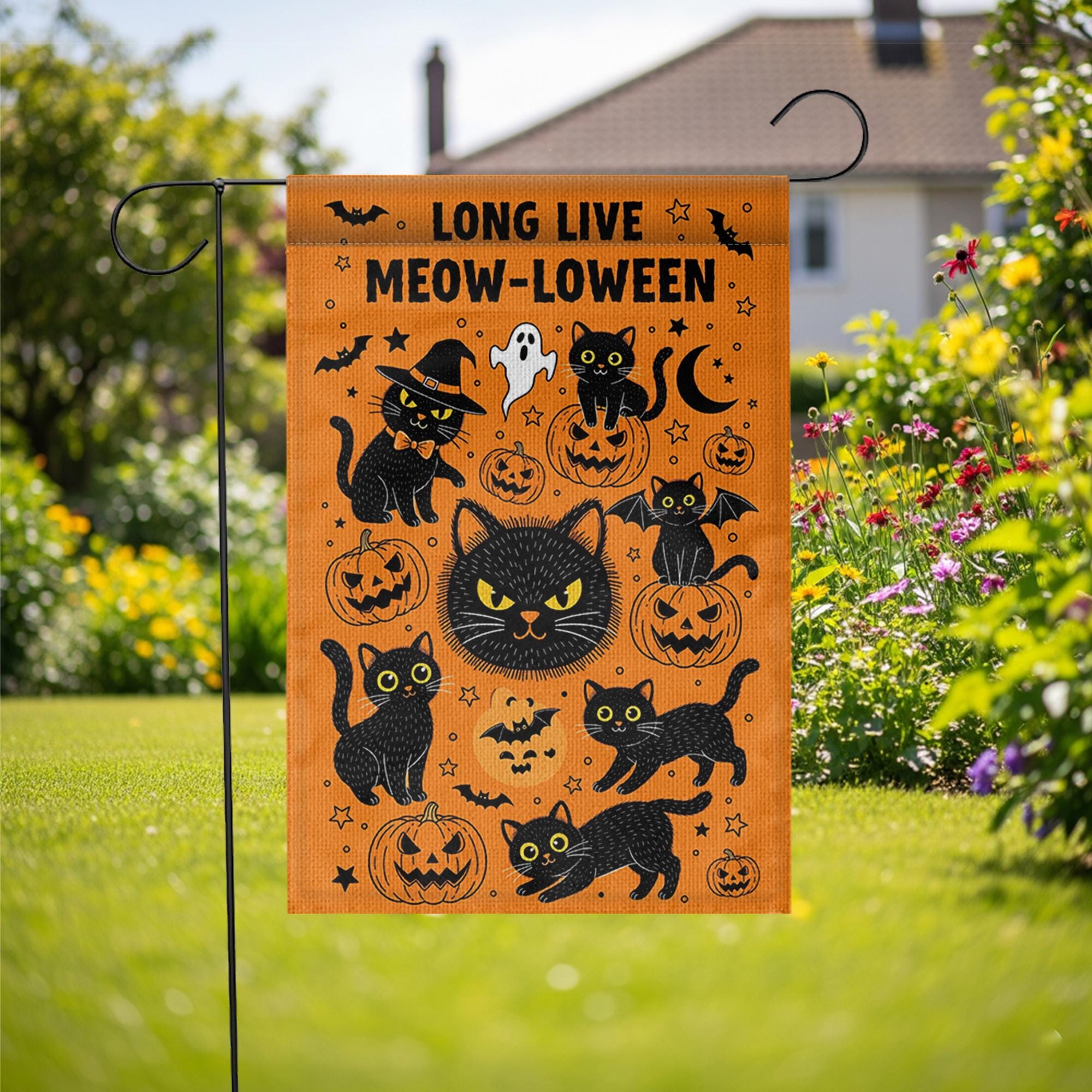Meowloween Garden Flag, Halloween Cat Yard Flag, Cute Black Cat Pumpkin Outdoor Decor, Funny Spooky Fall Porch Decoration, Fall Cat Decor