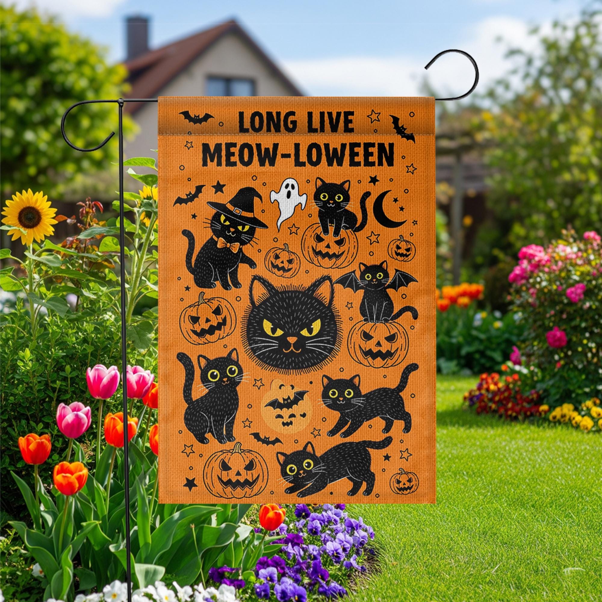Meowloween Garden Flag, Halloween Cat Yard Flag, Cute Black Cat Pumpkin Outdoor Decor, Funny Spooky Fall Porch Decoration, Fall Cat Decor