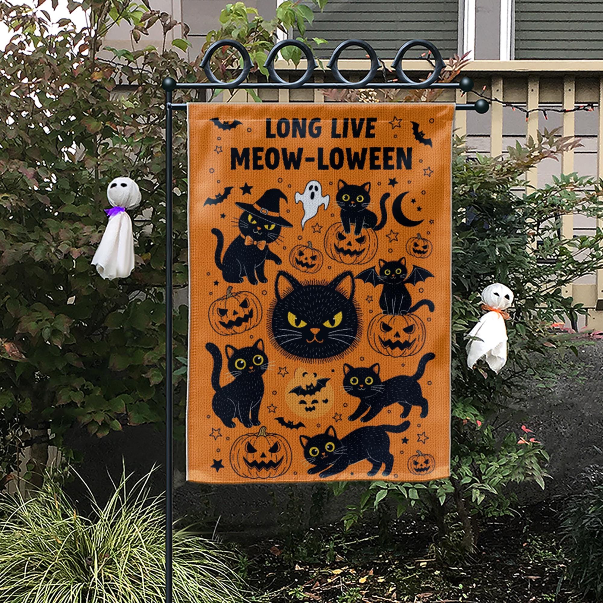 Meowloween Garden Flag, Halloween Cat Yard Flag, Cute Black Cat Pumpkin Outdoor Decor, Funny Spooky Fall Porch Decoration, Fall Cat Decor