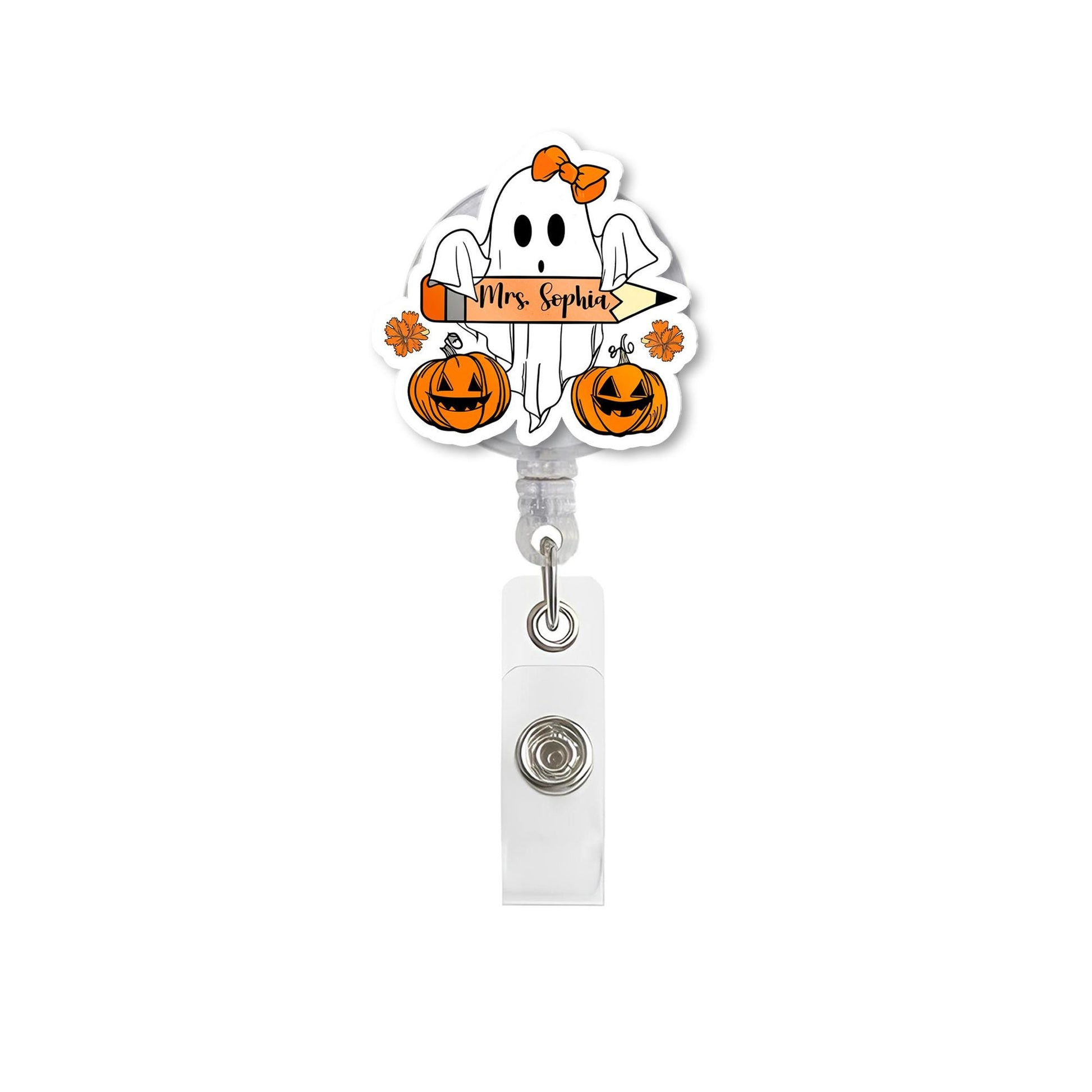 Personalized Halloween Ghost Badge Reel, Custom Name ID Holder for Teacher, Cute Spooky Nurse Badge, Fall Pumpkin Accessory