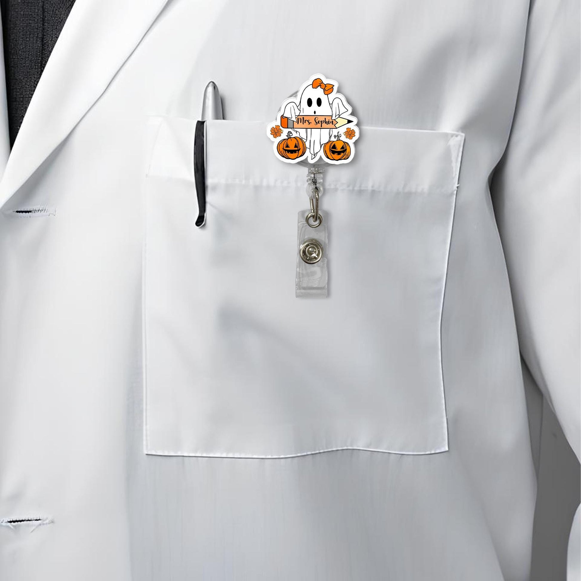 Personalized Halloween Ghost Badge Reel, Custom Name ID Holder for Teacher, Cute Spooky Nurse Badge, Fall Pumpkin Accessory