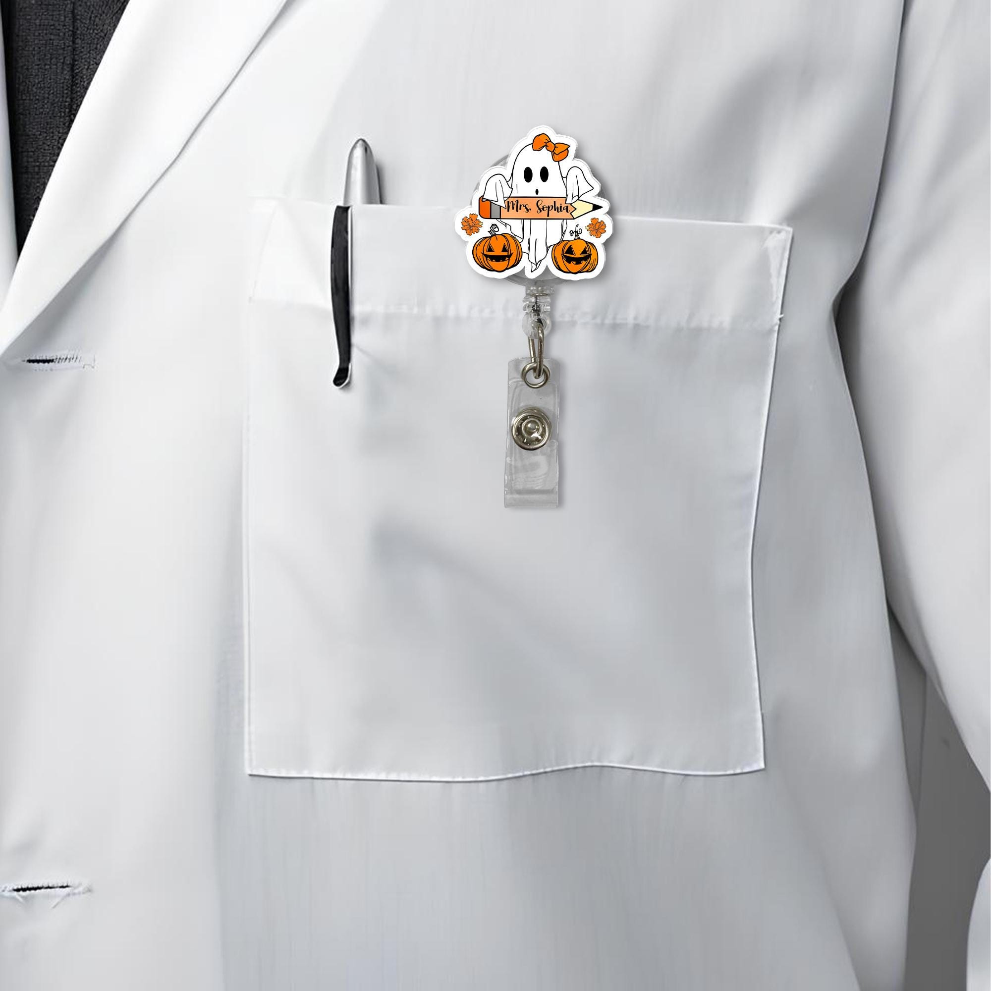 Personalized Halloween Ghost Badge Reel, Custom Name ID Holder for Teacher, Cute Spooky Nurse Badge, Fall Pumpkin Accessory