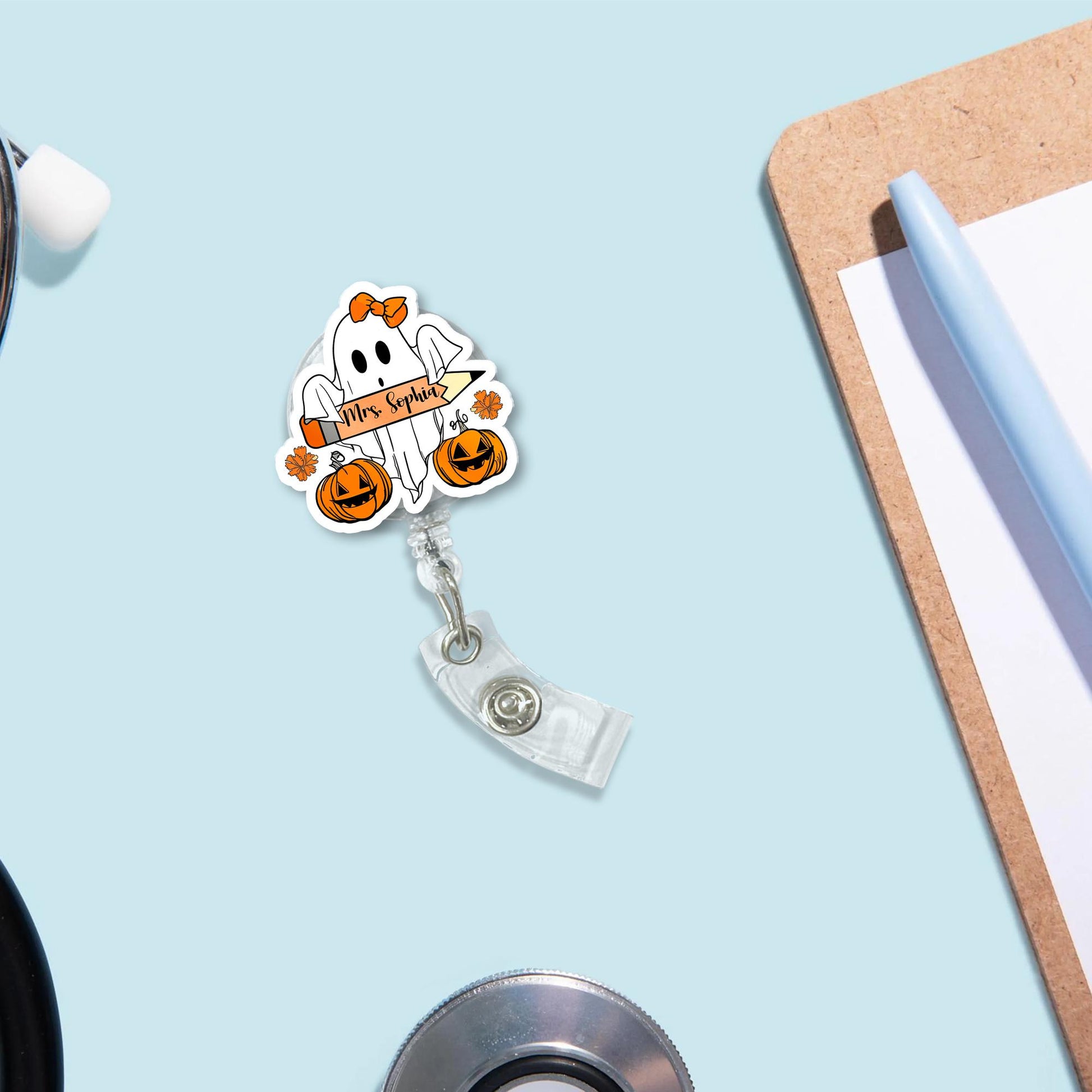 Personalized Halloween Ghost Badge Reel, Custom Name ID Holder for Teacher, Cute Spooky Nurse Badge, Fall Pumpkin Accessory